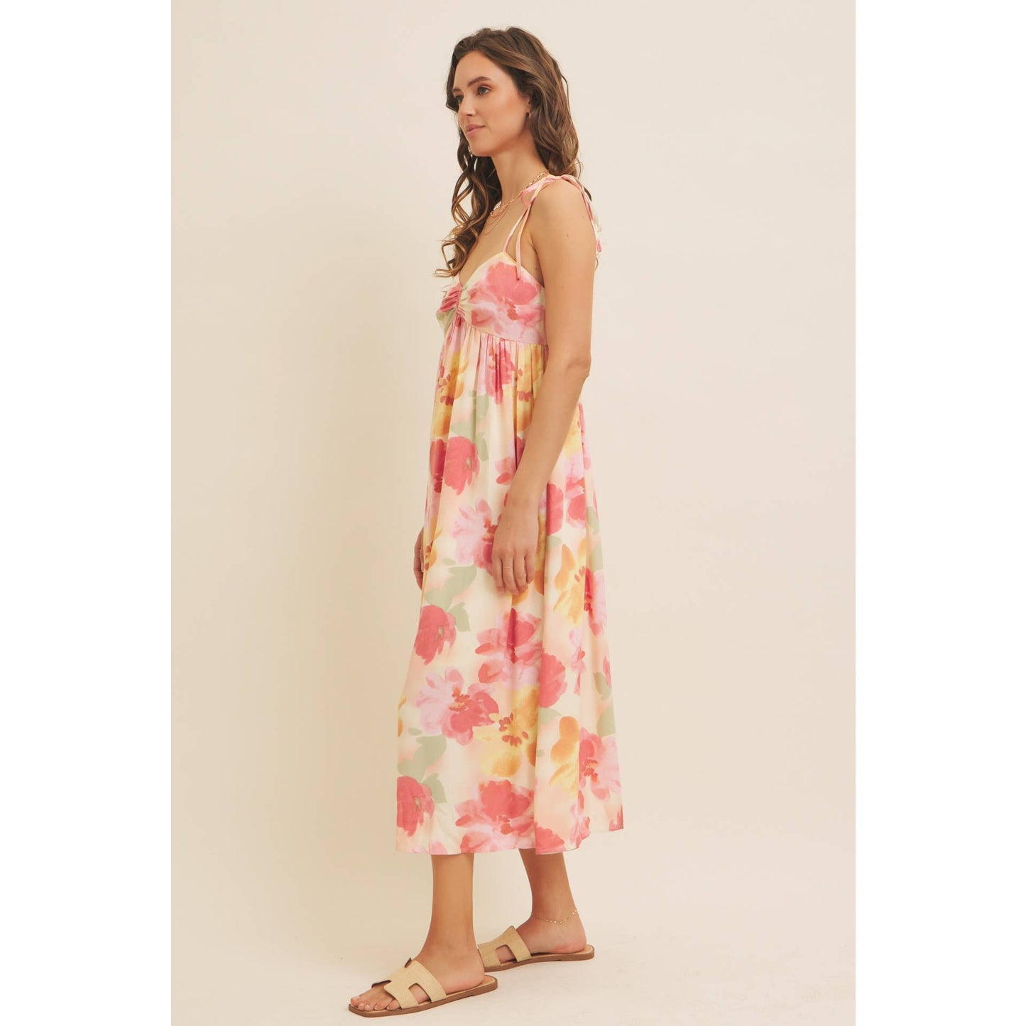 FLORAL PRINT RUCHED MIDI DRESS WITH SHOULDER TIE
