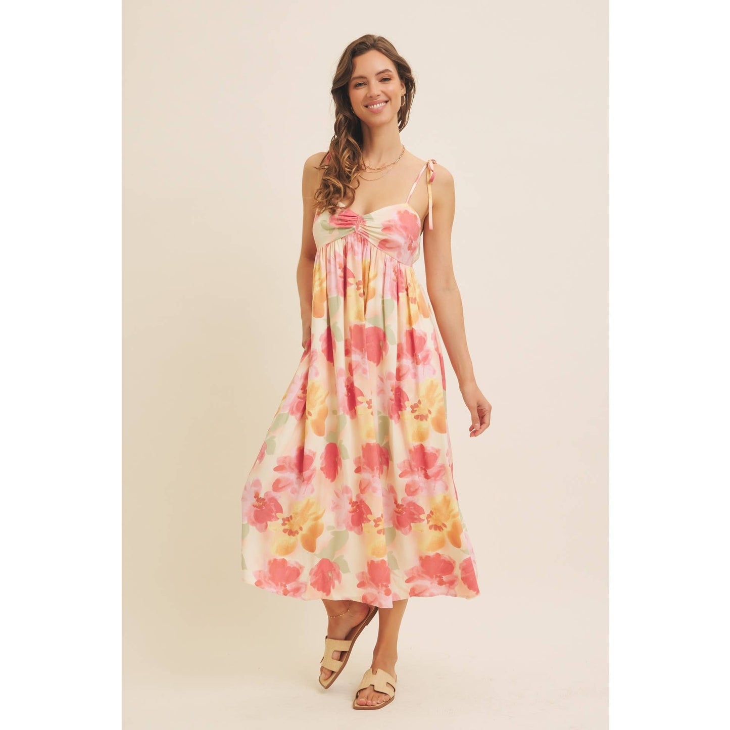 FLORAL PRINT RUCHED MIDI DRESS WITH SHOULDER TIE