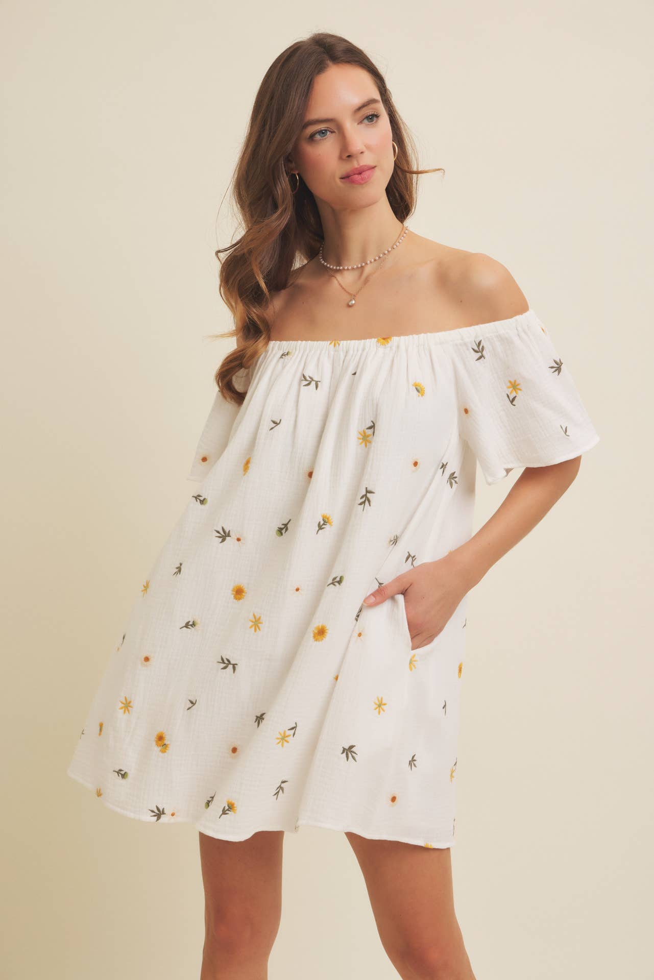 OFF-SHOULDER EMBROIDERY COTTON GAUZE MINI DRESS WITH POCKETS