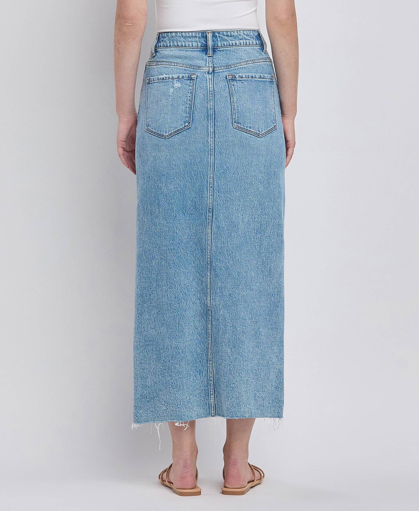CRISS CROSS FRONT SLIT MAXI DENIM SKIRT