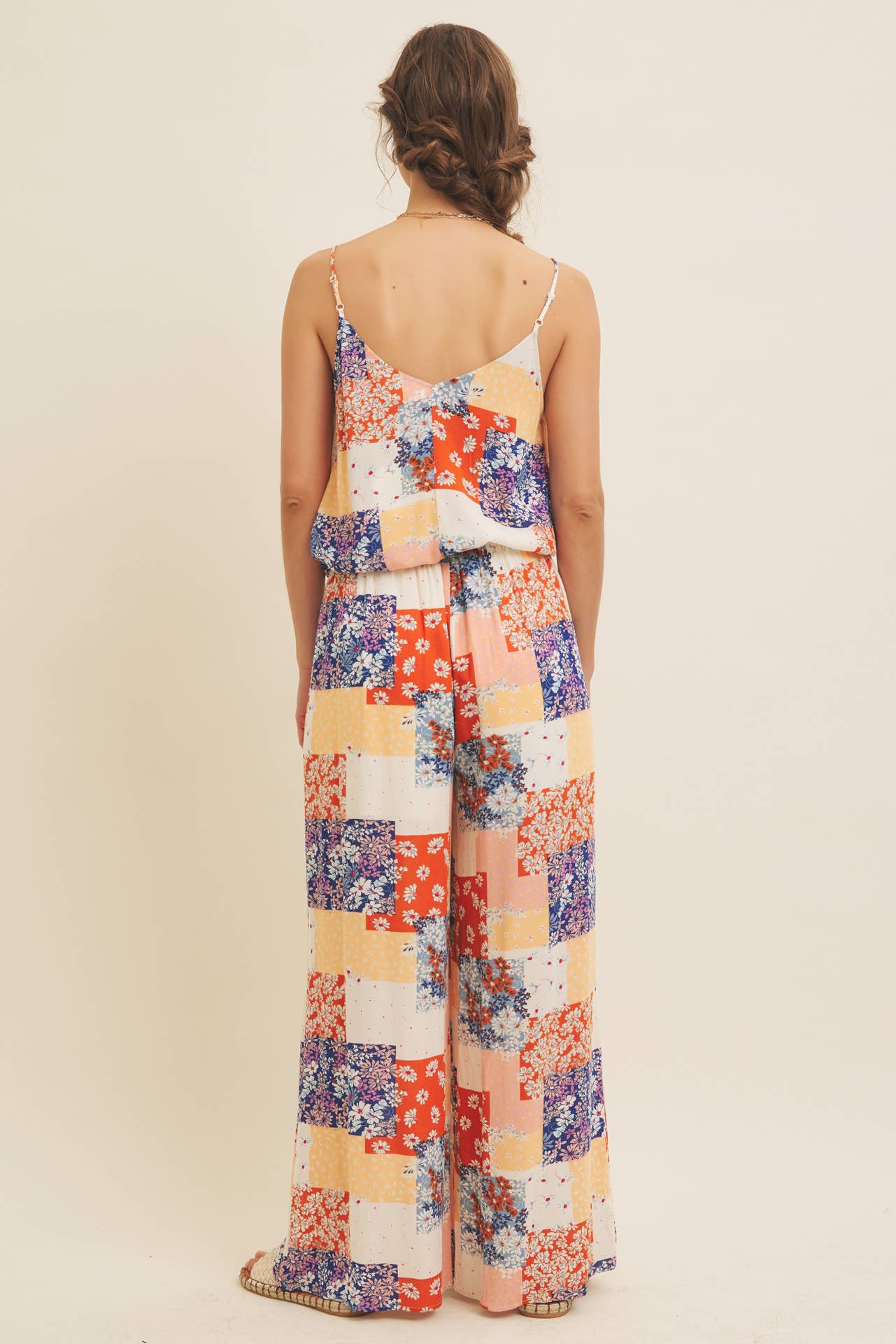 SOFT RAYON GAUZE FLORAL PATCHWORK WIDE LEG PANTS WITH POCKET