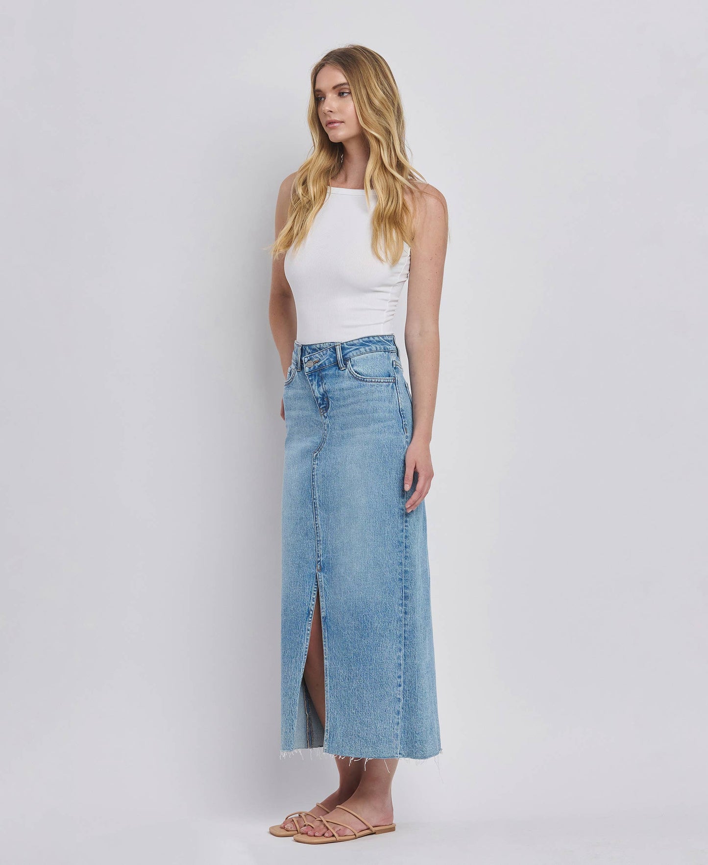 CRISS CROSS FRONT SLIT MAXI DENIM SKIRT