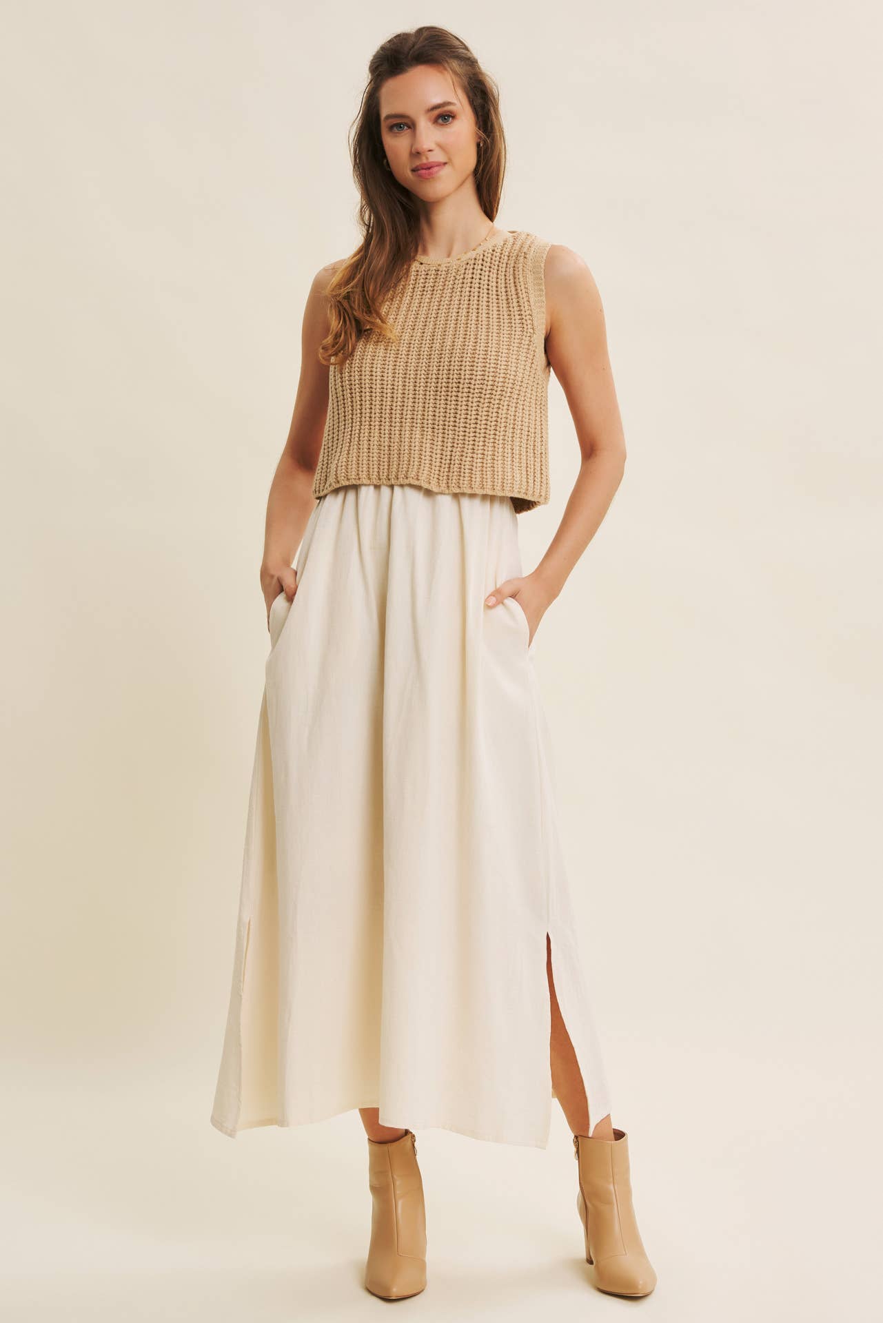 CHUNKY SWEATER TWOFER MIDI DRESS WITH POCKETS AND LINING