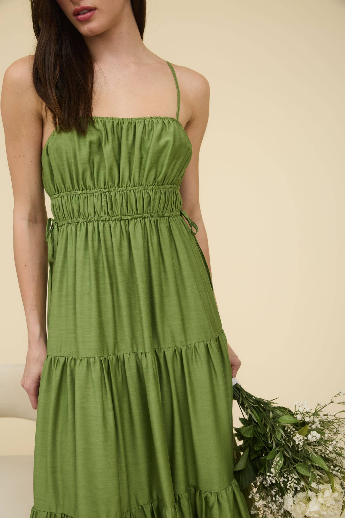 WAIST TIE SHIRRED TIERED MIDI DRESS