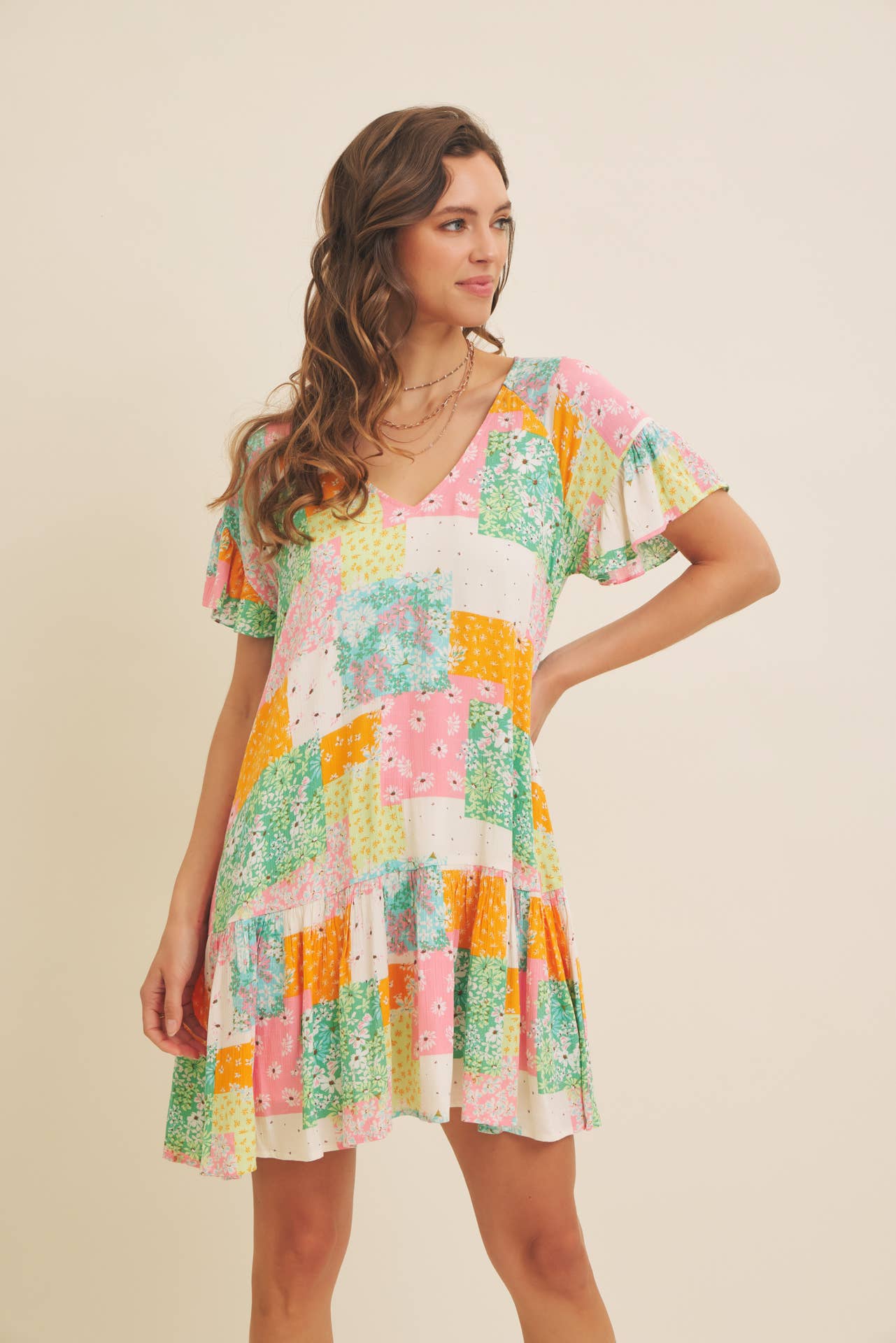 FLORAL RAYON GAUZE FLOWY MINI DRESS WITH RUFFLED HEM
