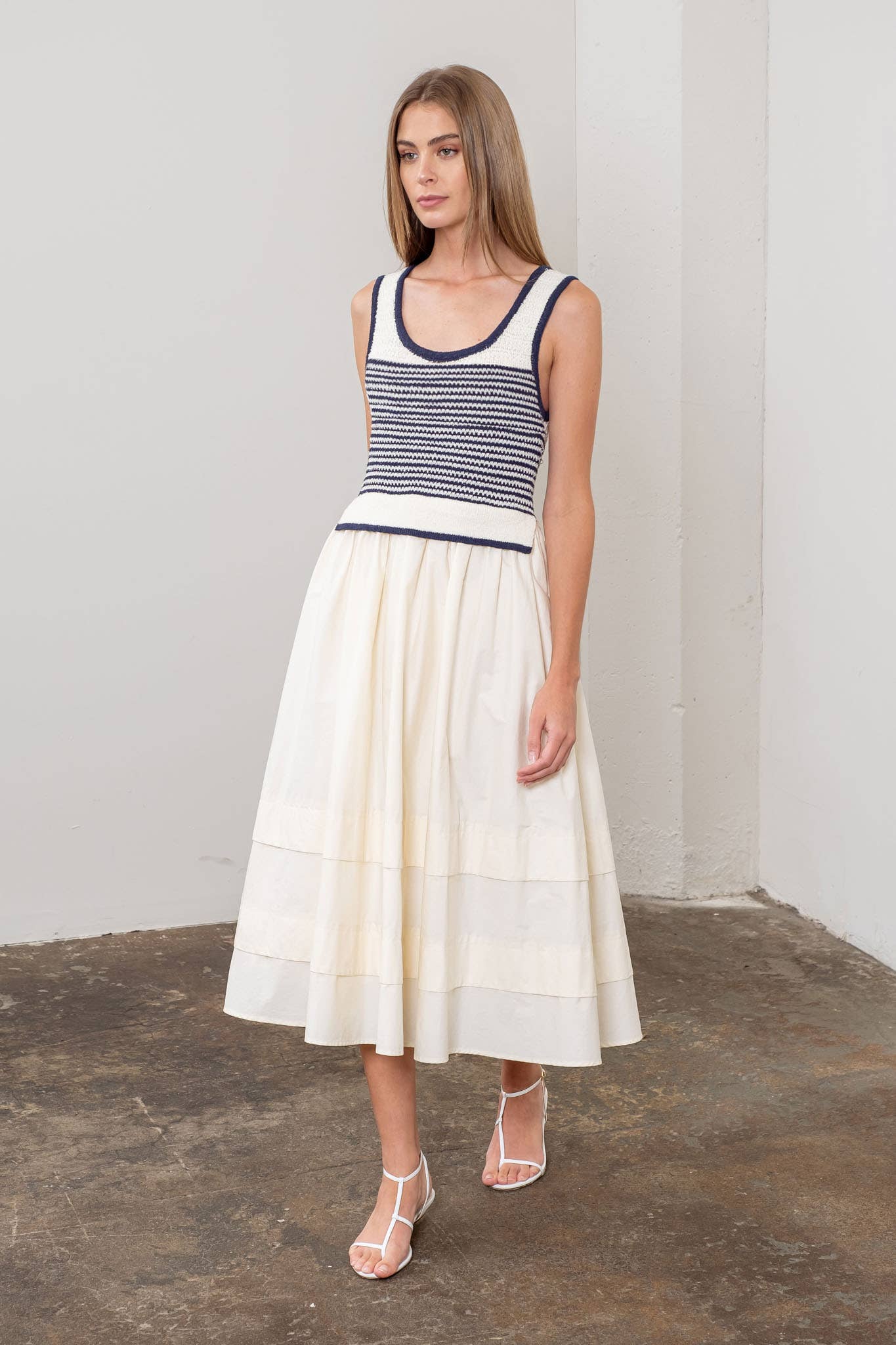 STRIPE KNIT TOP MIX MEDIA MIDI DRESS