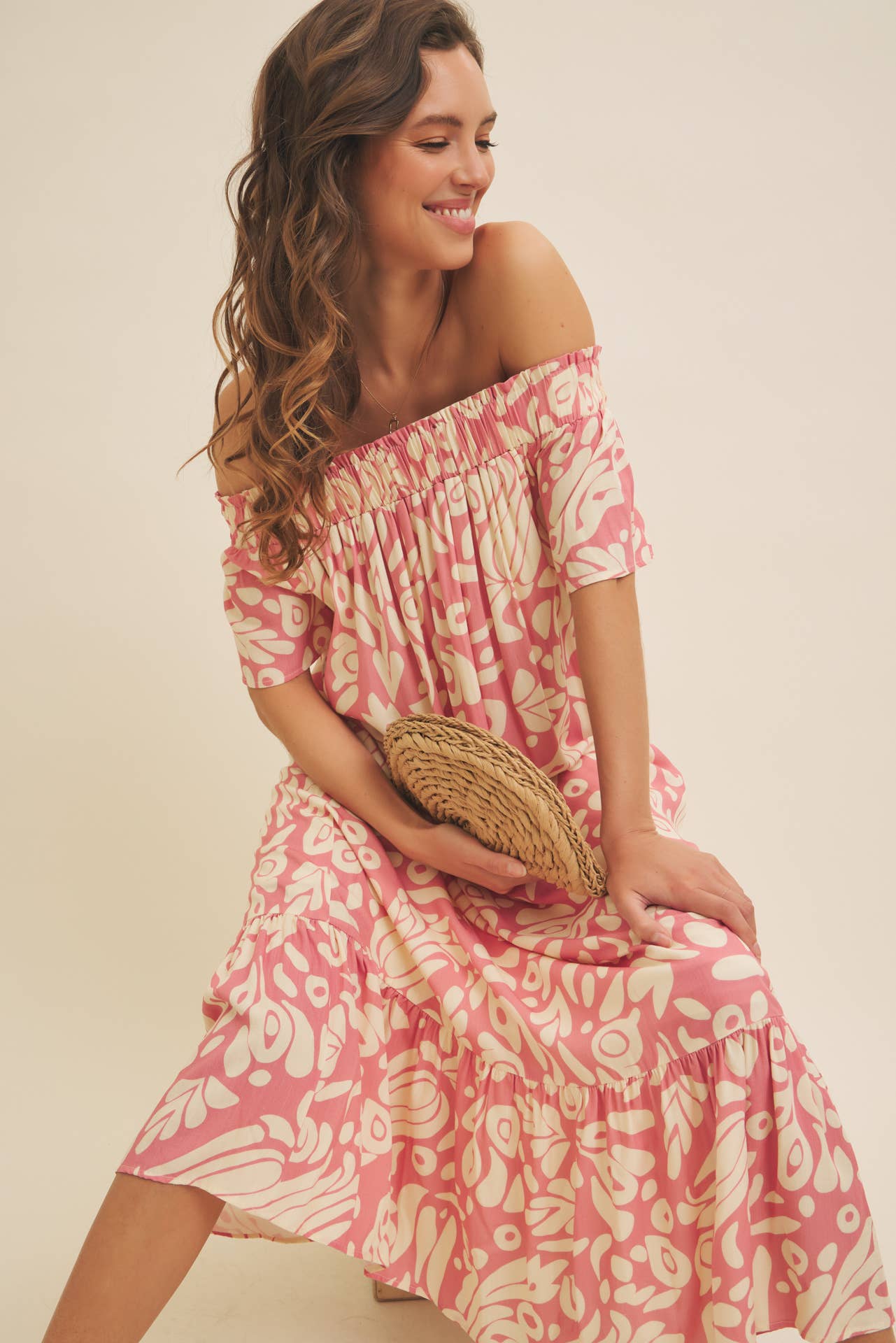 OFF THE SHOULDER FLARE PRINTED MIDI DRESS WITH POCKETS