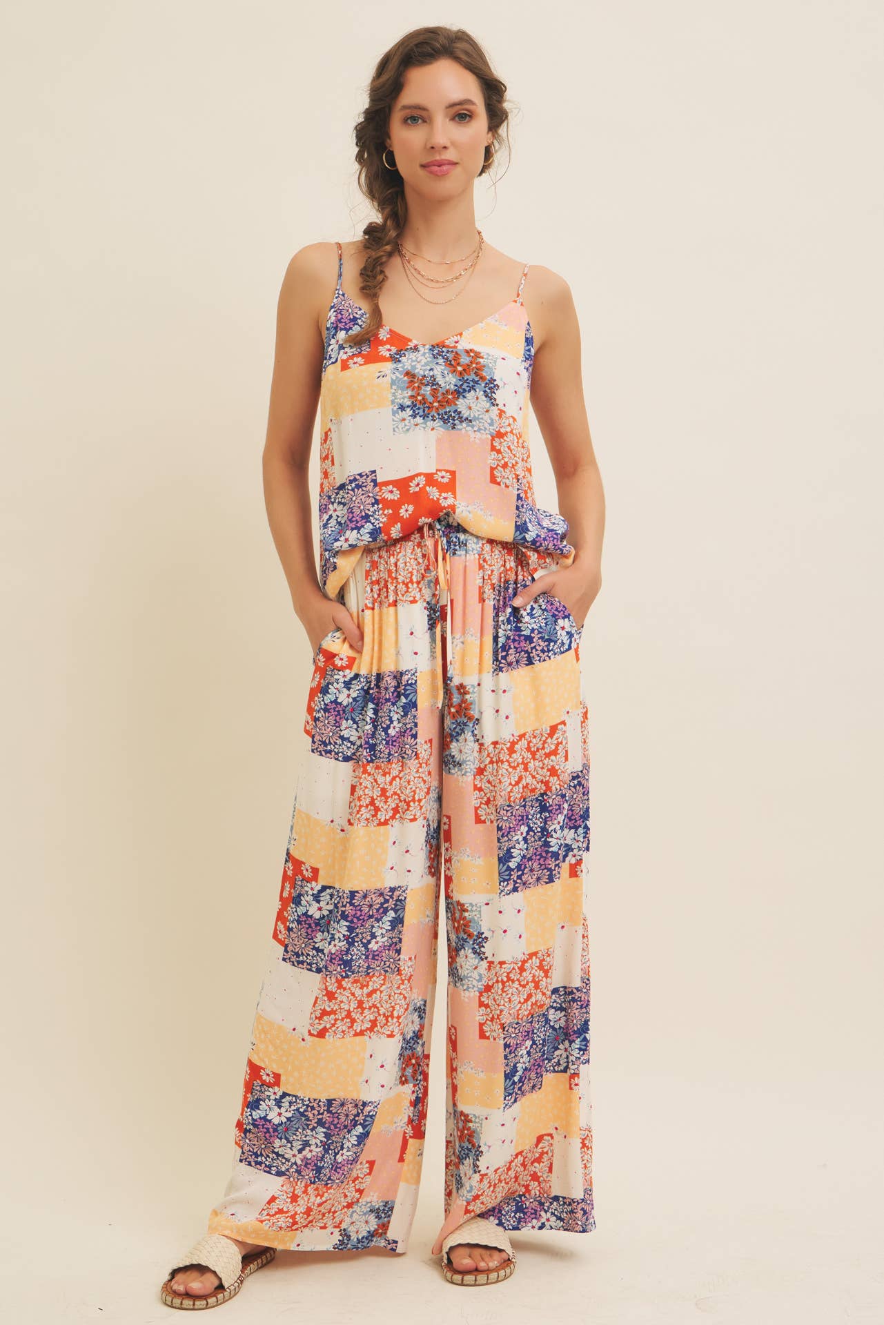 SOFT RAYON GAUZE FLORAL PATCHWORK WIDE LEG PANTS WITH POCKET