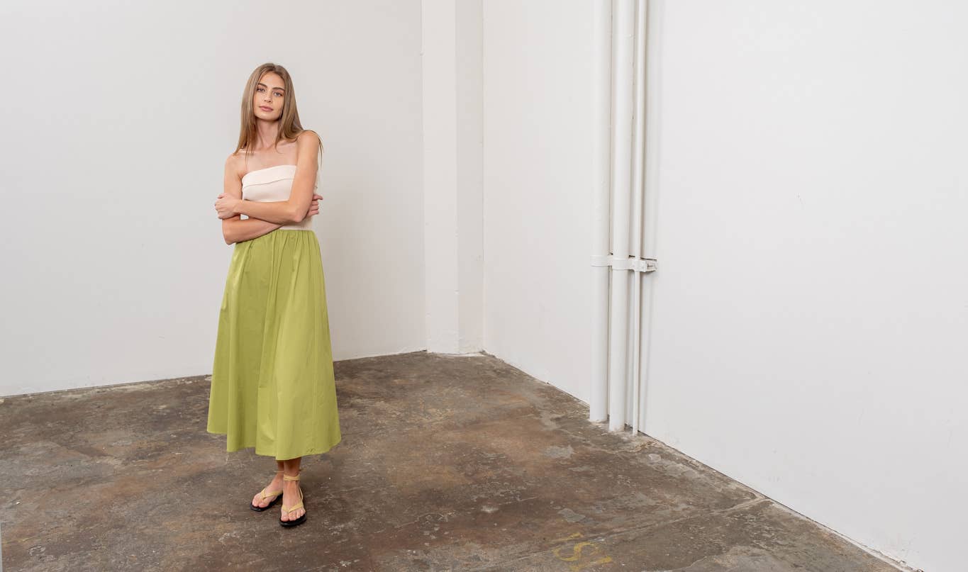 FOLD OVER STRAPLESS MIX MEDIA MIDI DRESS