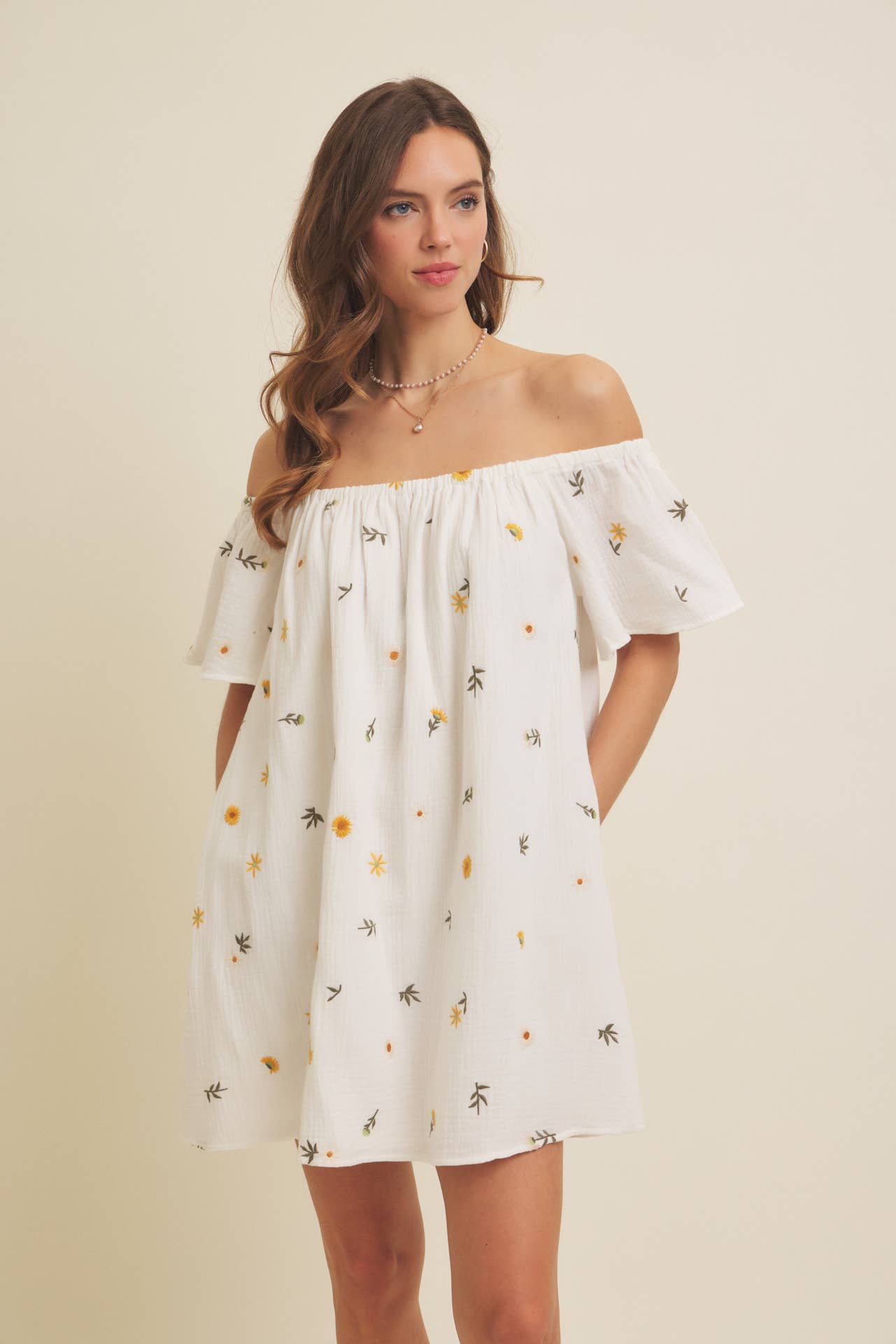 OFF-SHOULDER EMBROIDERY COTTON GAUZE MINI DRESS WITH POCKETS
