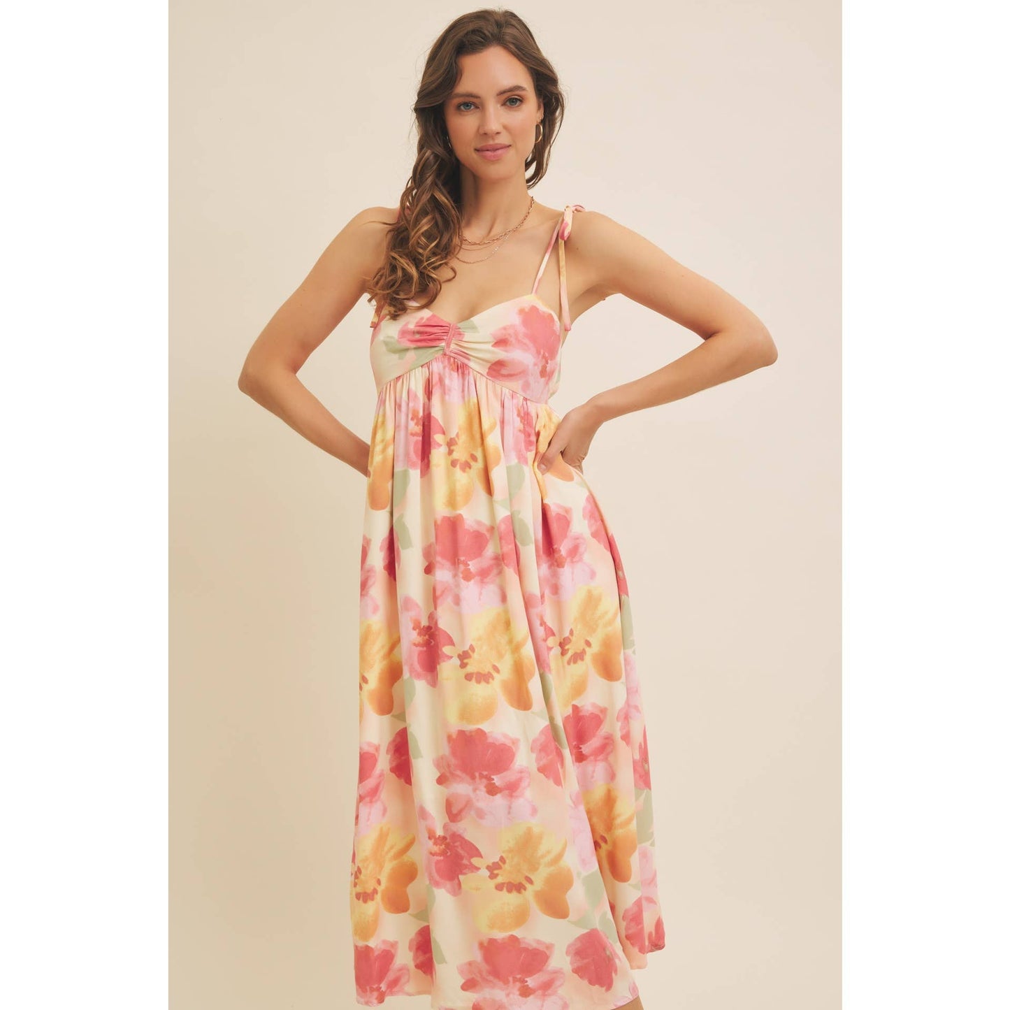FLORAL PRINT RUCHED MIDI DRESS WITH SHOULDER TIE