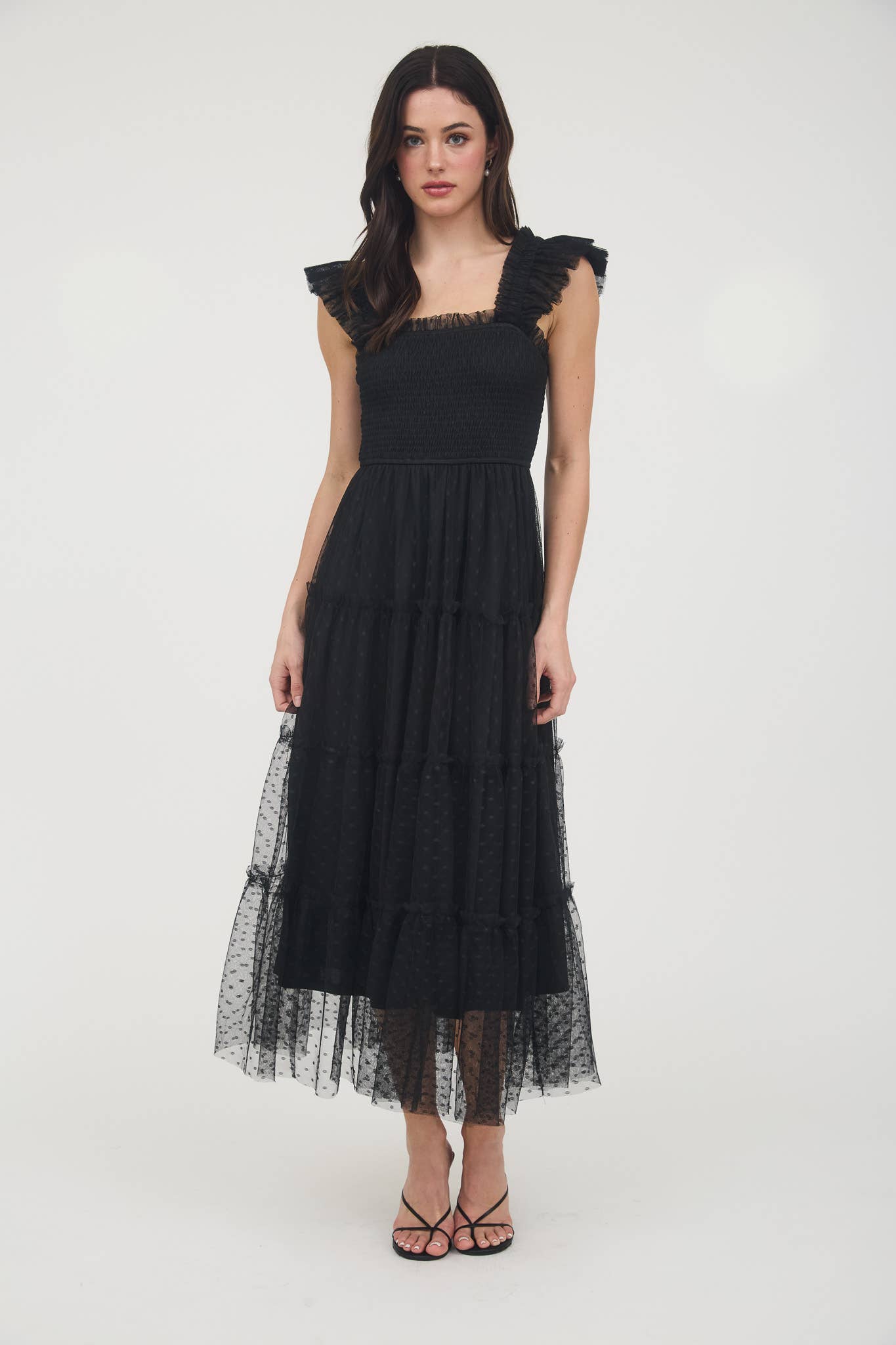 POLKA DOT CHIFFON SMOCKED TIERED MIDI DRESS