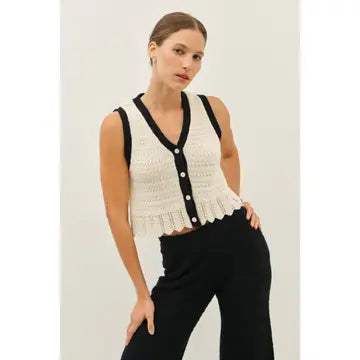 V-NECK BUTTON DOWN CROCHET SWEATER TOP WITH SCALLOP HEM
