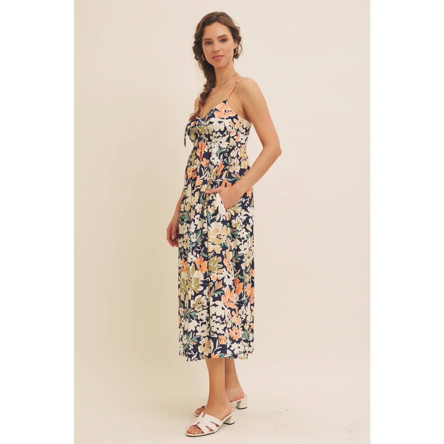 FLORAL PRINT FRONT TIE CAMI MIDI DRESS