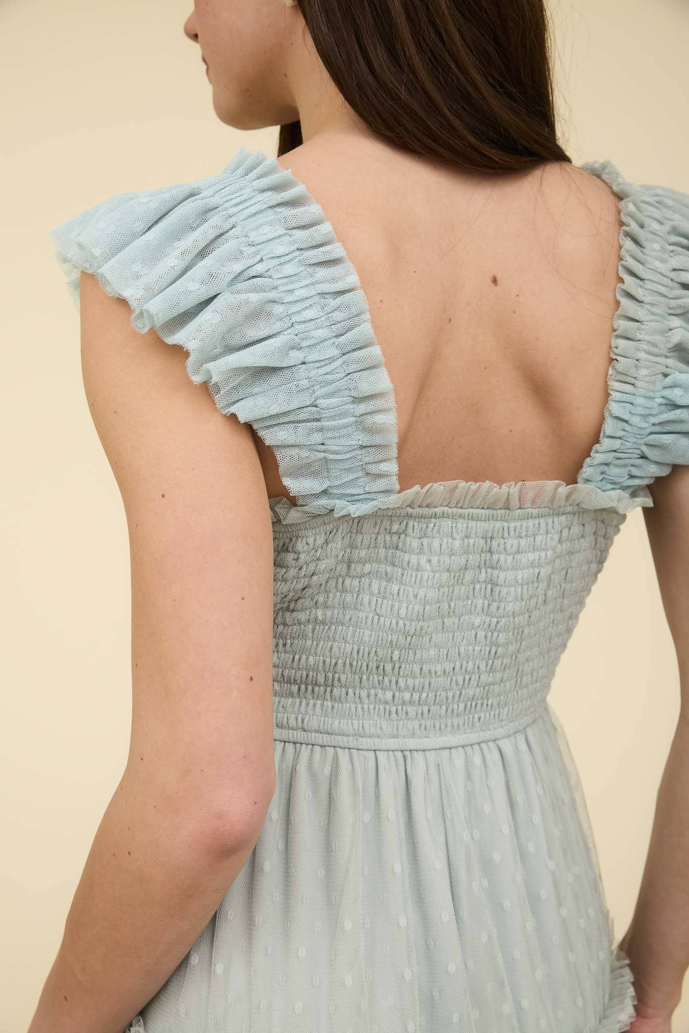 POLKA DOT CHIFFON SMOCKED TIERED MIDI DRESS
