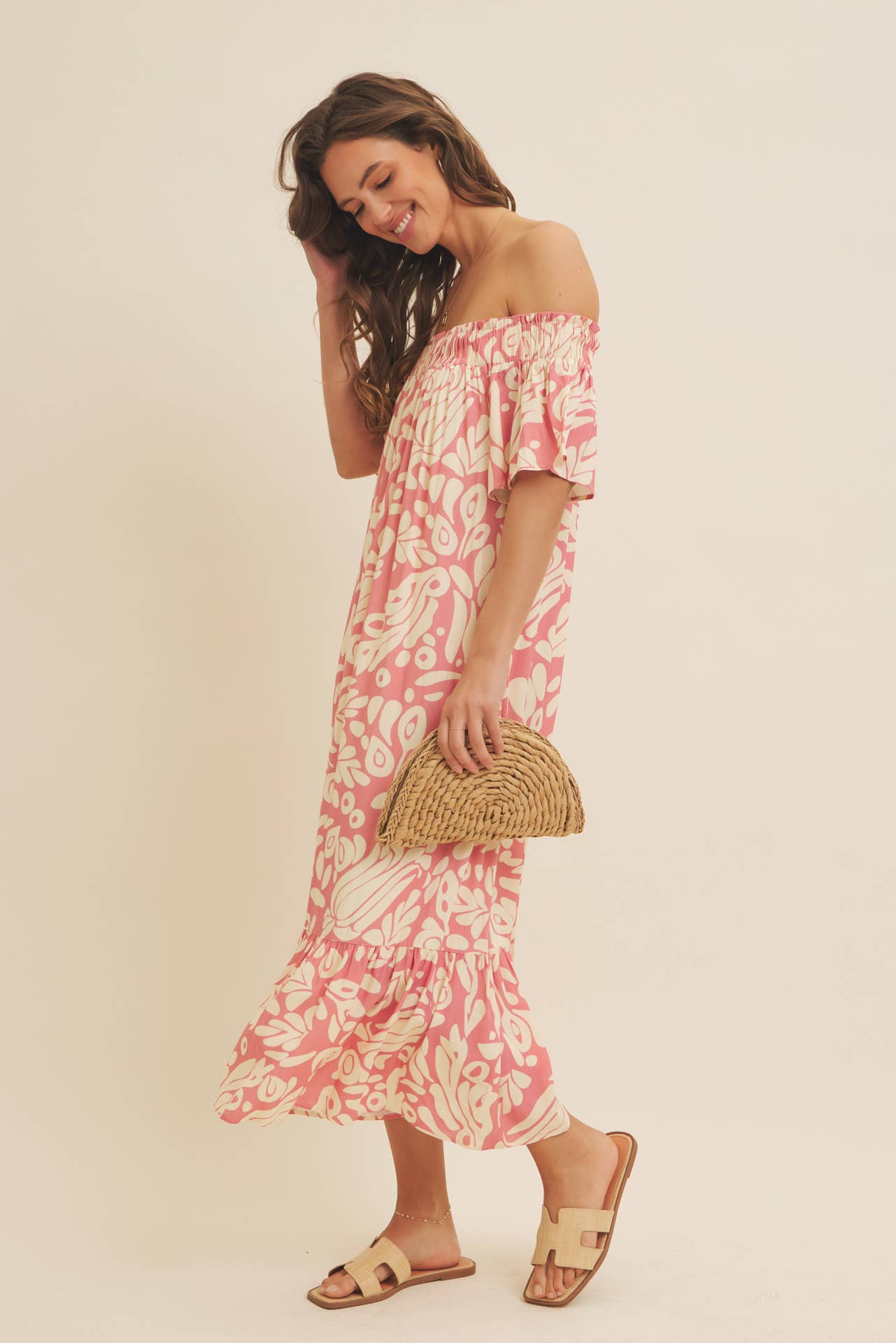 OFF THE SHOULDER FLARE PRINTED MIDI DRESS WITH POCKETS