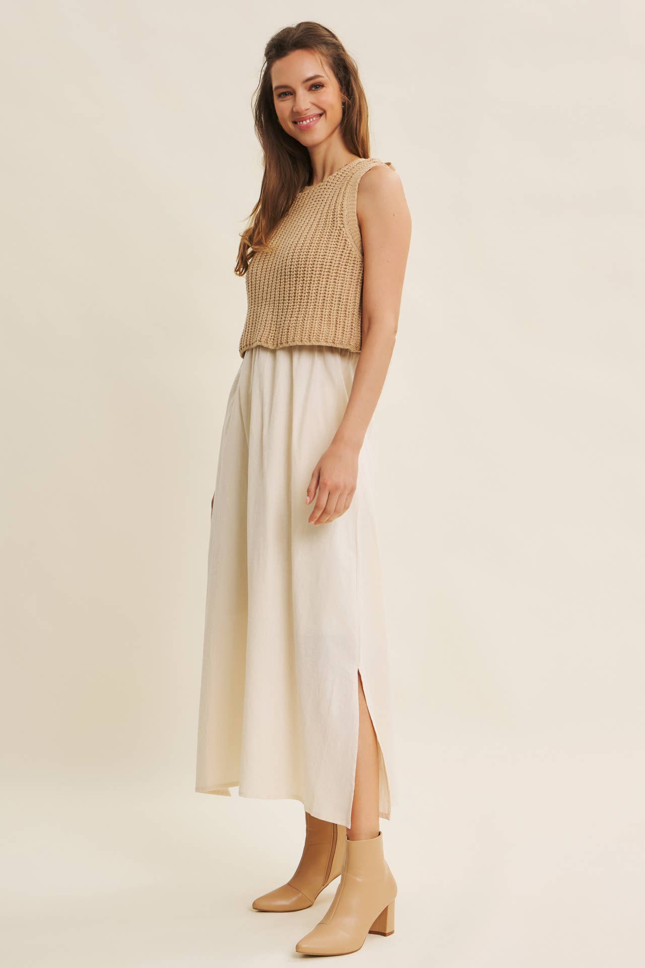 CHUNKY SWEATER TWOFER MIDI DRESS WITH POCKETS AND LINING