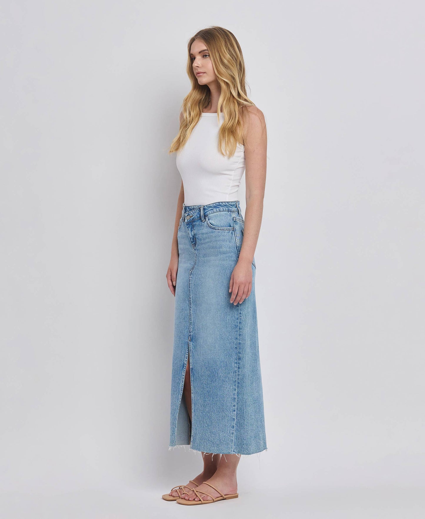 CRISS CROSS FRONT SLIT MAXI DENIM SKIRT