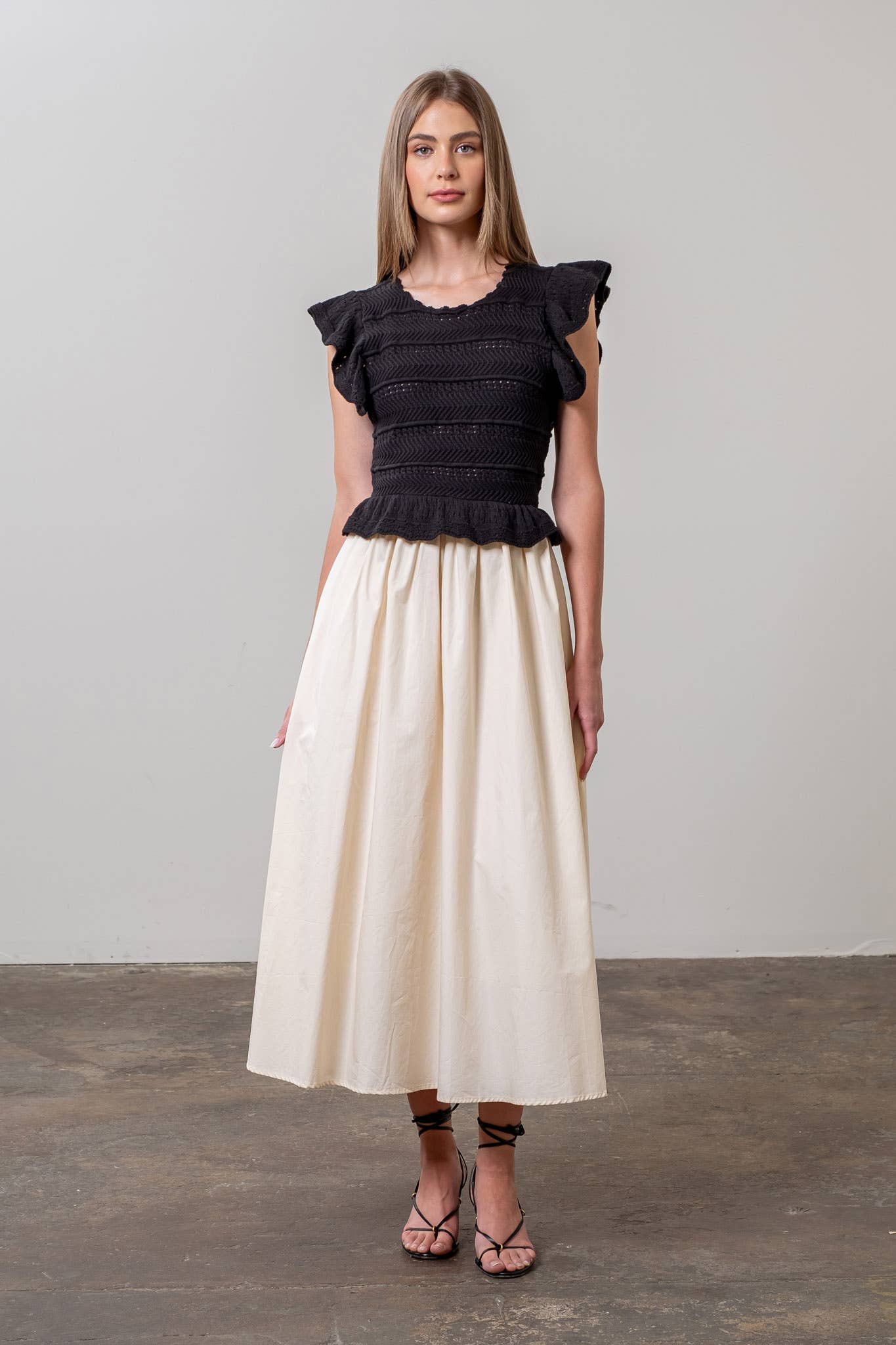 MIX MEDIA RUFFLE DETAIL SHORT SLEEVE MIDI DRESS