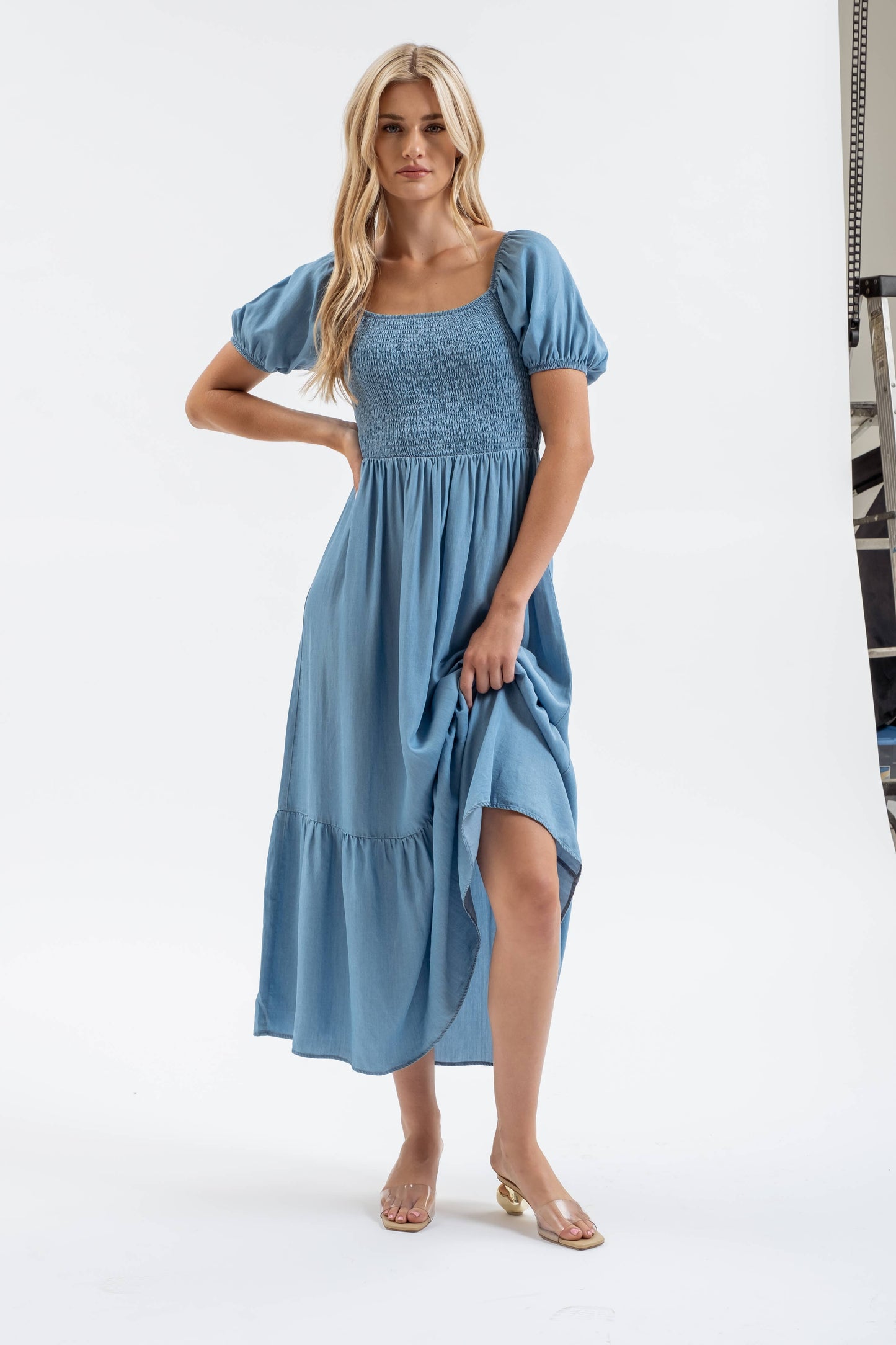 SMOCKED CHAMBRAY PUFF SLEEVE MIDI DRESS