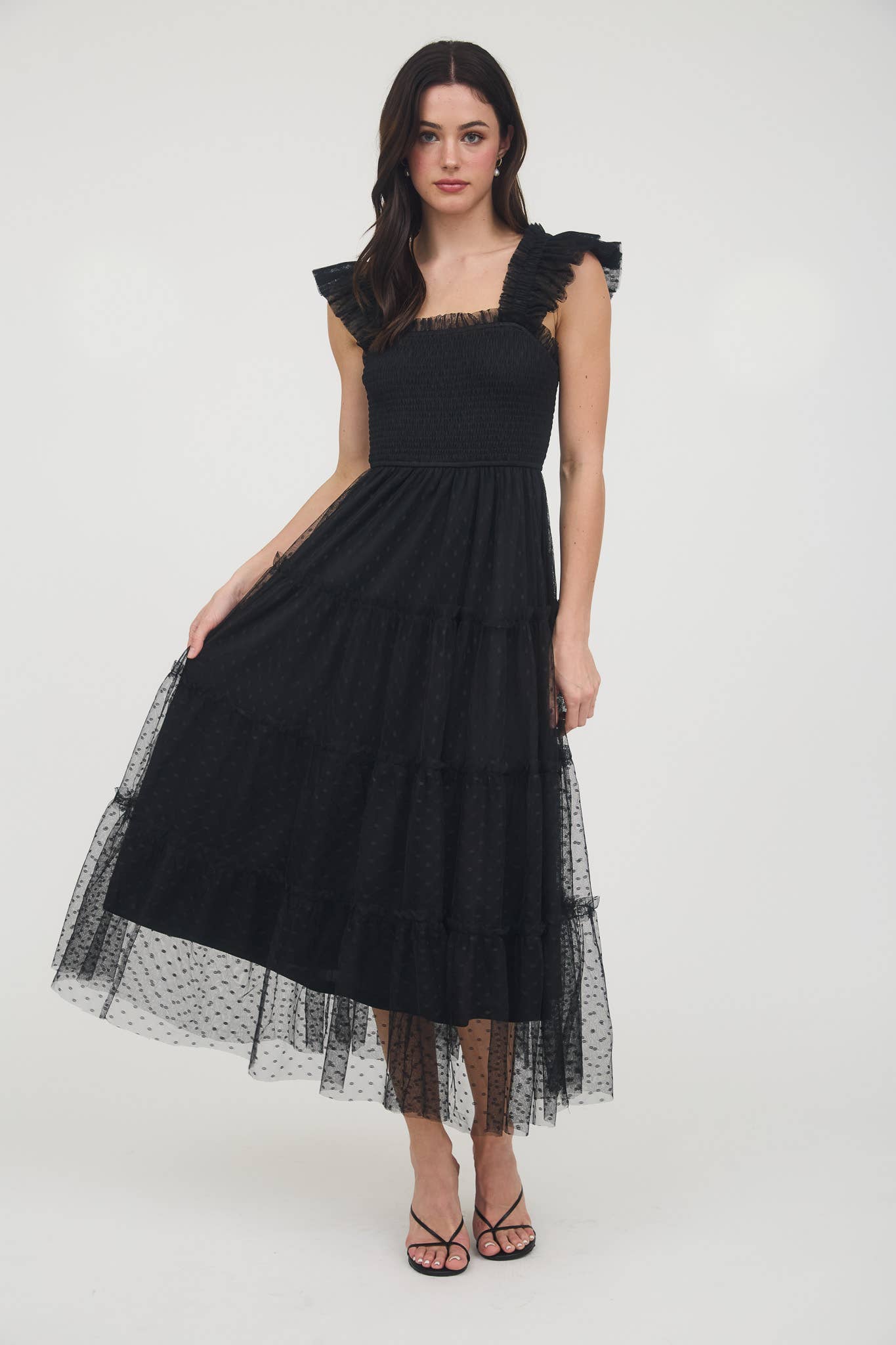POLKA DOT CHIFFON SMOCKED TIERED MIDI DRESS