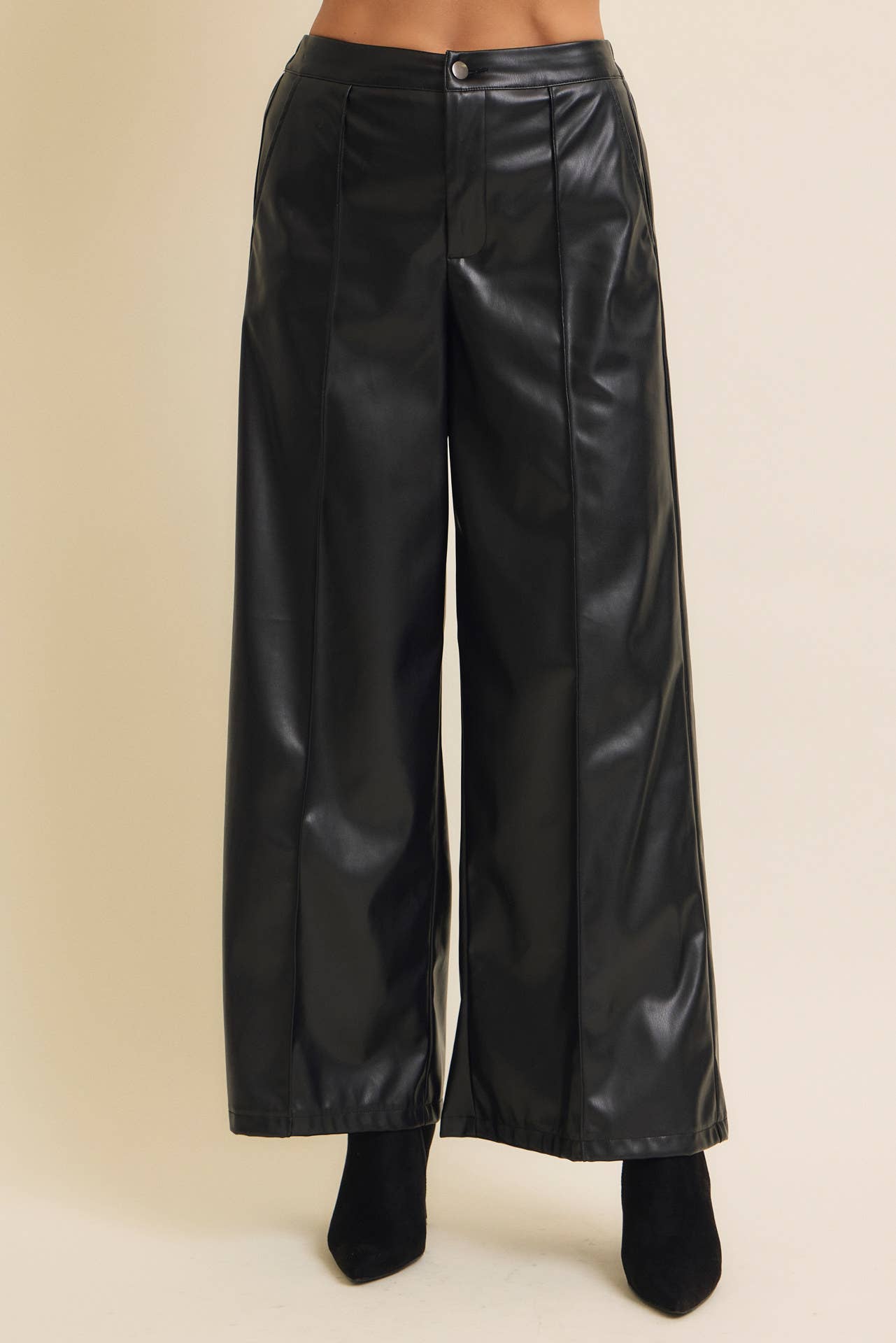 VEGAN LEATHER WIDE-LEG PANTS WITH ELASTIC BACK