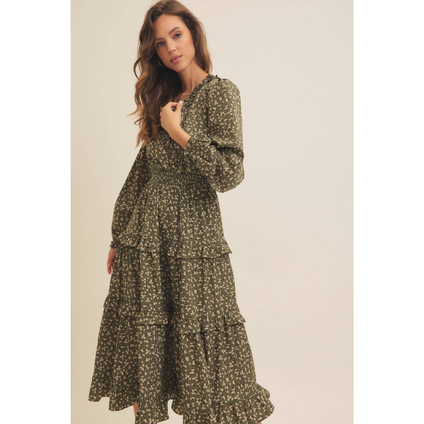 DITSY FLORAL RUFFLE SURPLICE MIDI DRESS WITH POCKETS