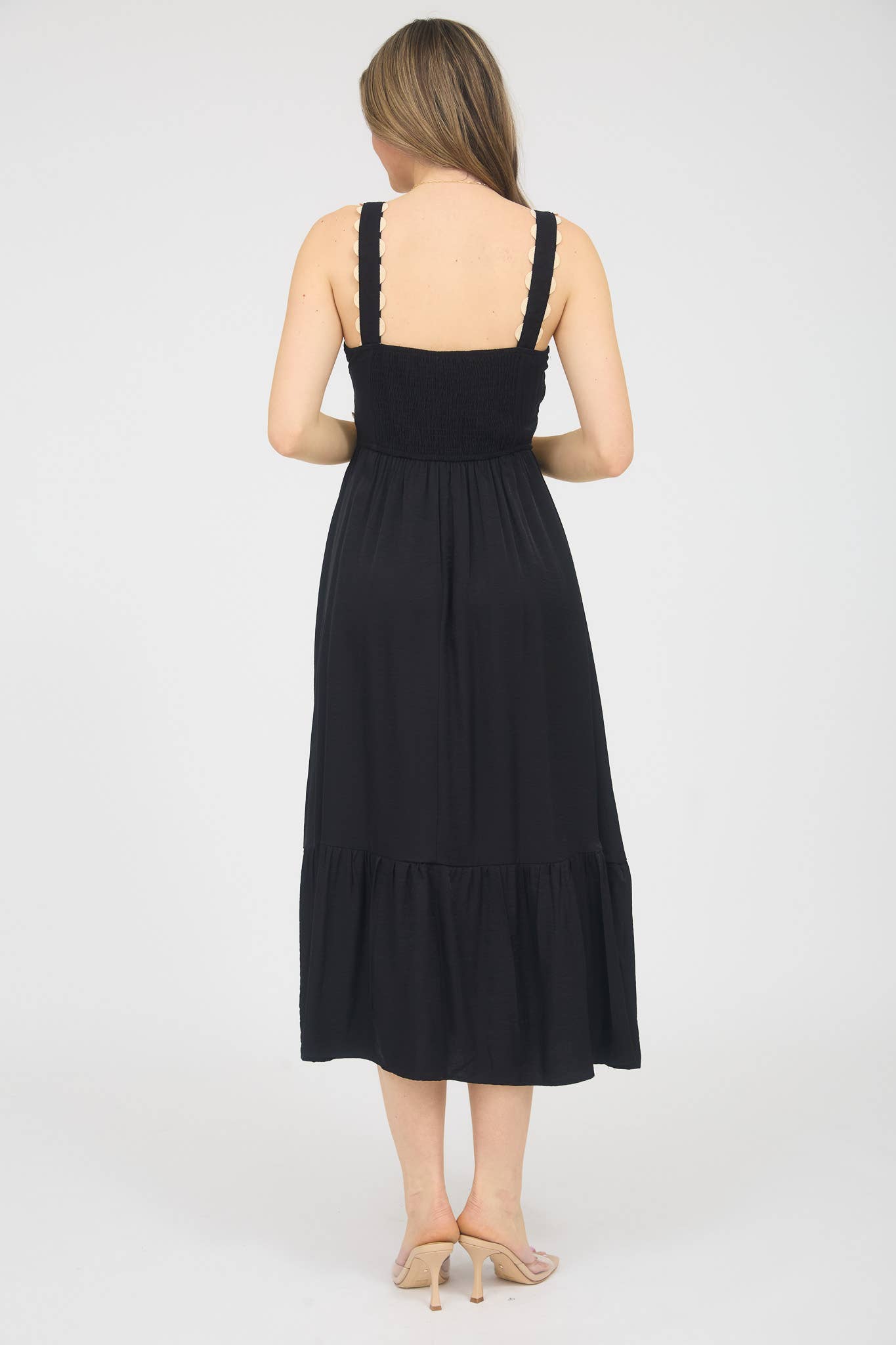 WAVY DETAIL SCALLOP STRAP SLEEVELESS MIDI DRESS