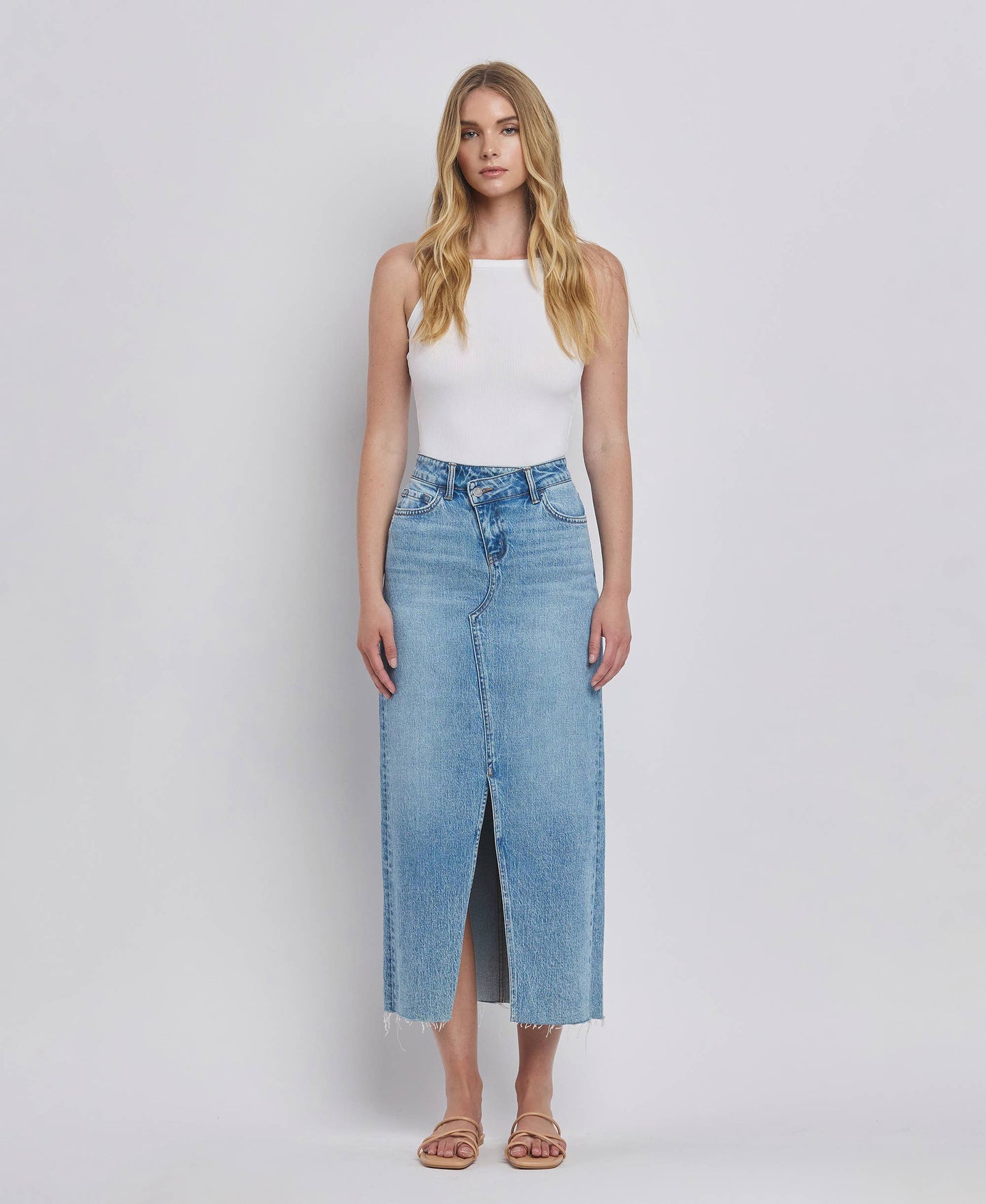 CRISS CROSS FRONT SLIT MAXI DENIM SKIRT