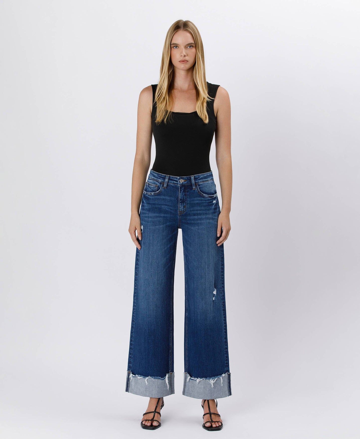 HIGH RISE CUFFED BAGGY WIDE JEANS