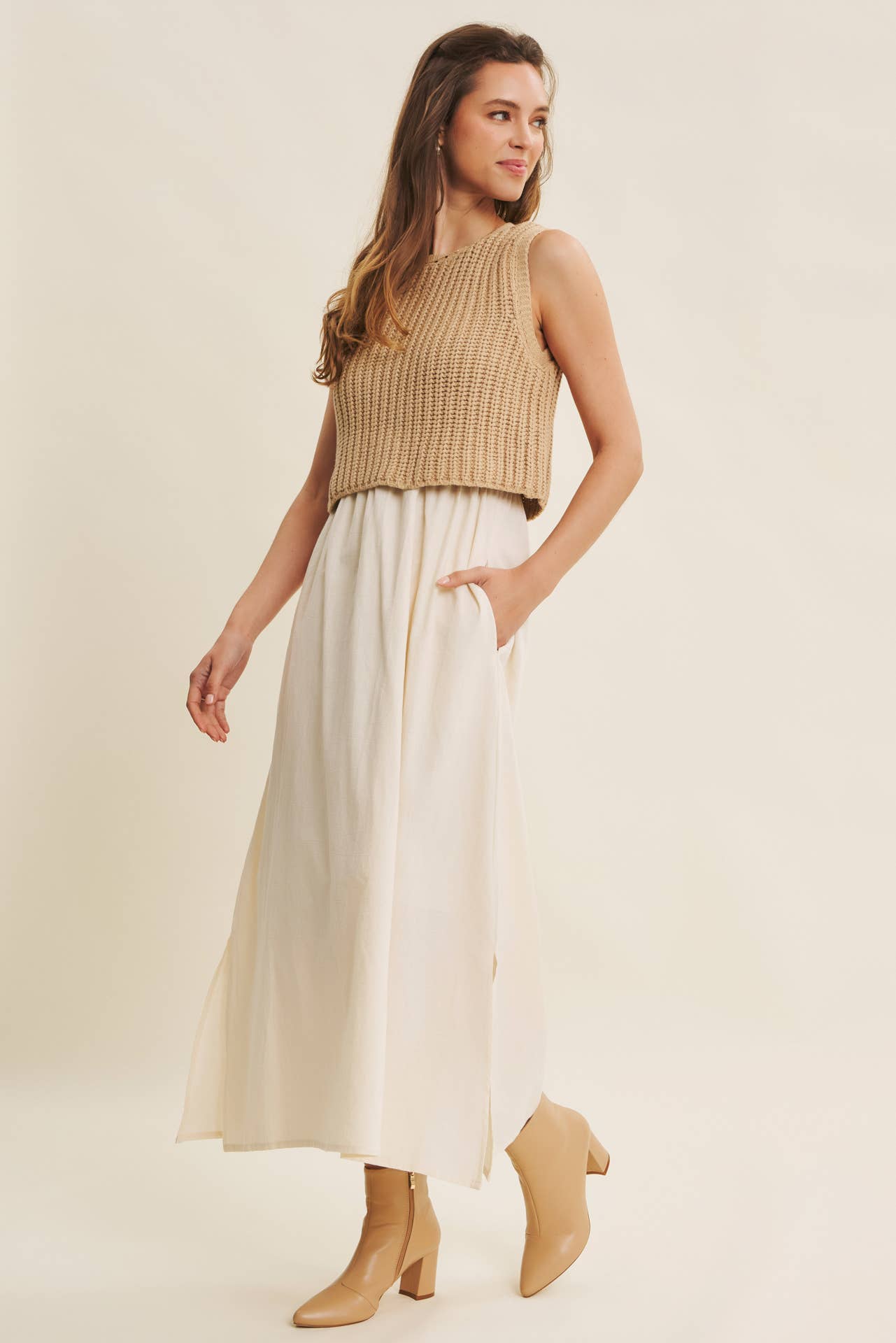 CHUNKY SWEATER TWOFER MIDI DRESS WITH POCKETS AND LINING