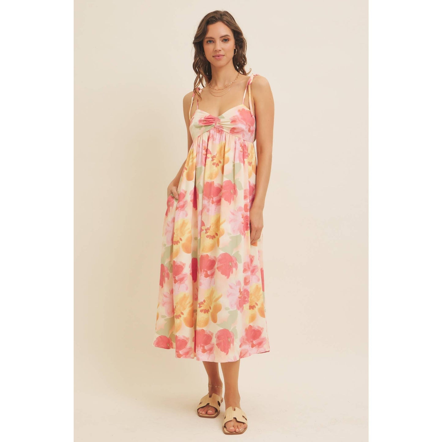 FLORAL PRINT RUCHED MIDI DRESS WITH SHOULDER TIE