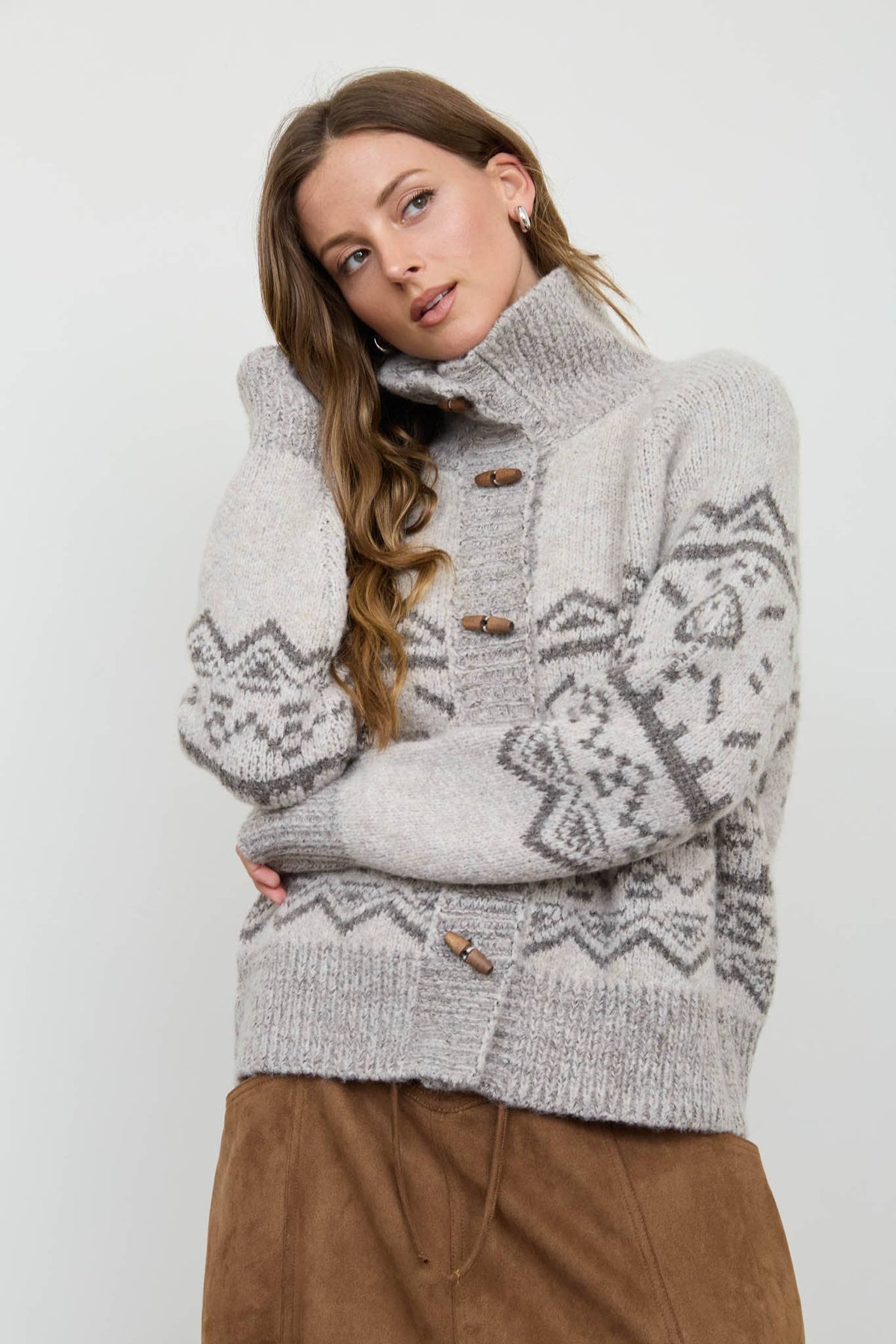 MOCK NECK TOGGLE BUTTON FAIR ISLE KNIT CARDIGAN