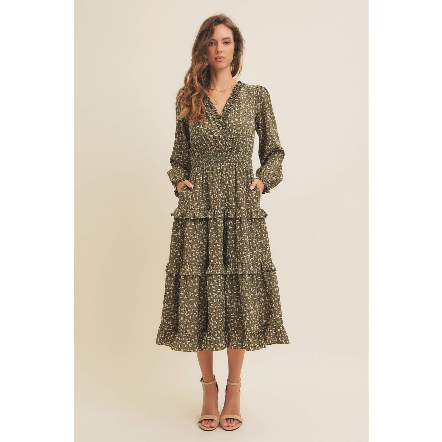 DITSY FLORAL RUFFLE SURPLICE MIDI DRESS WITH POCKETS