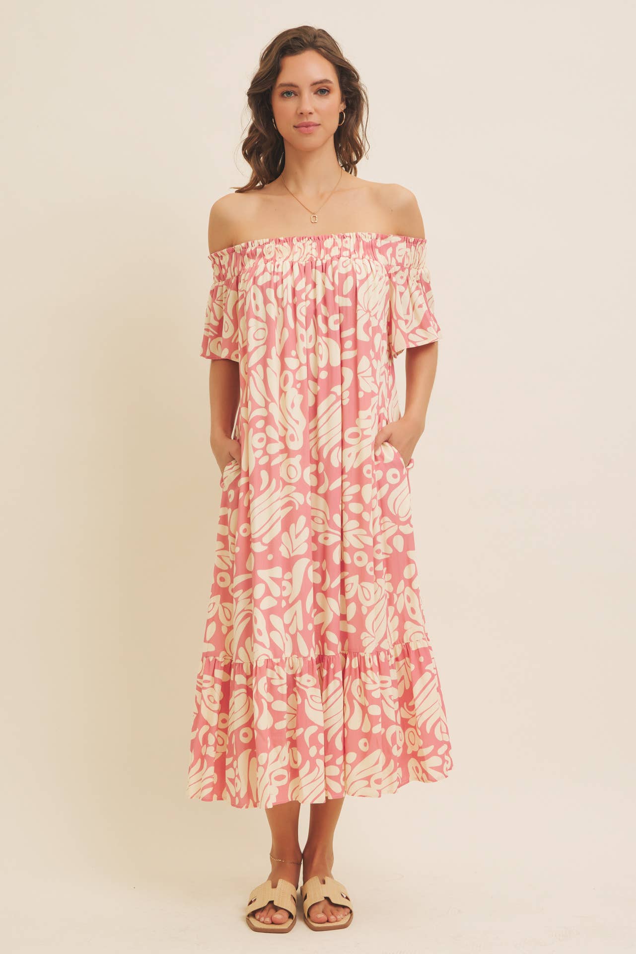 OFF THE SHOULDER FLARE PRINTED MIDI DRESS WITH POCKETS