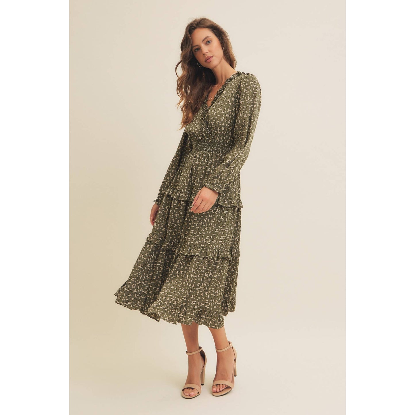 DITSY FLORAL RUFFLE SURPLICE MIDI DRESS WITH POCKETS