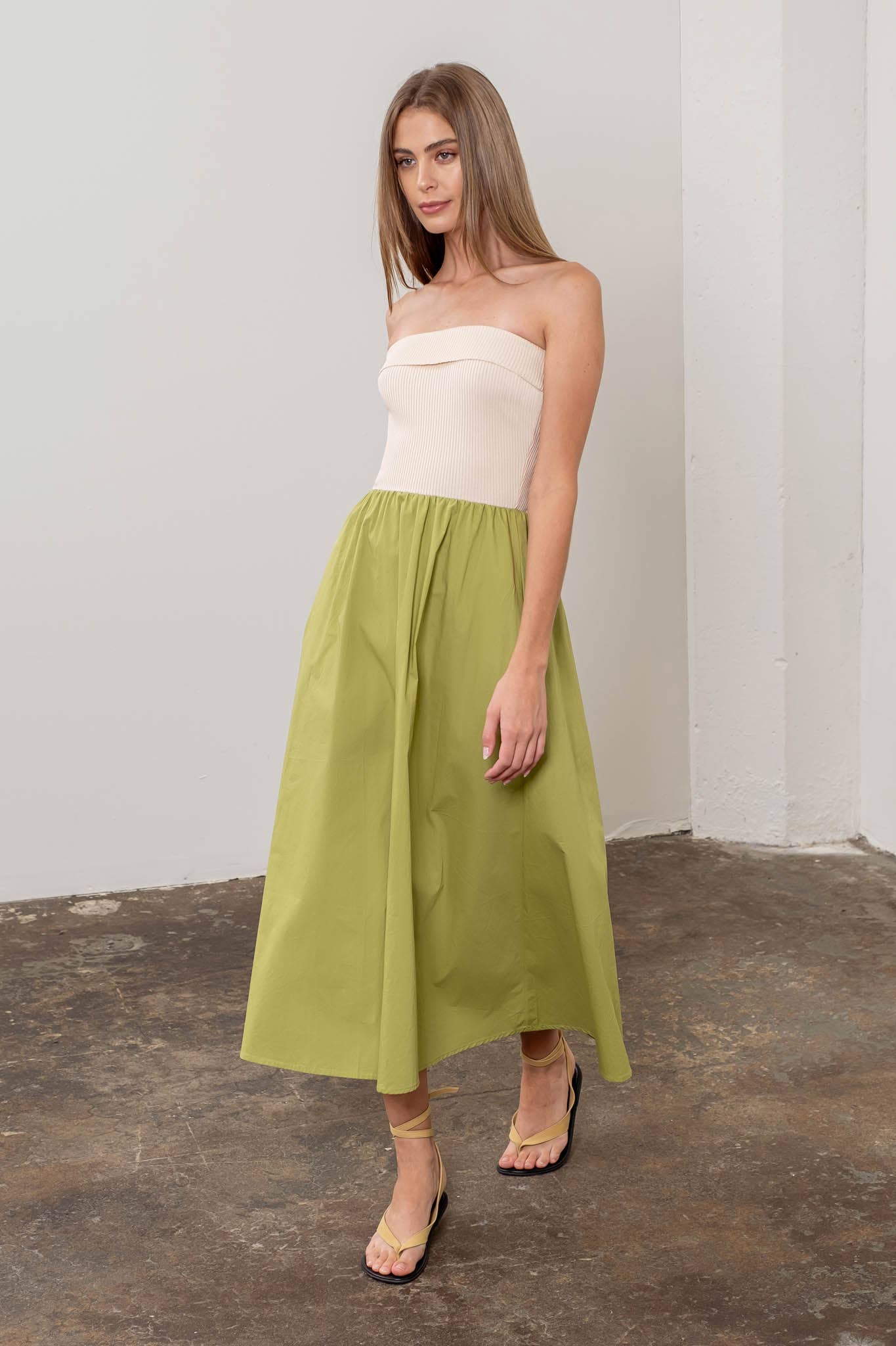 FOLD OVER STRAPLESS MIX MEDIA MIDI DRESS
