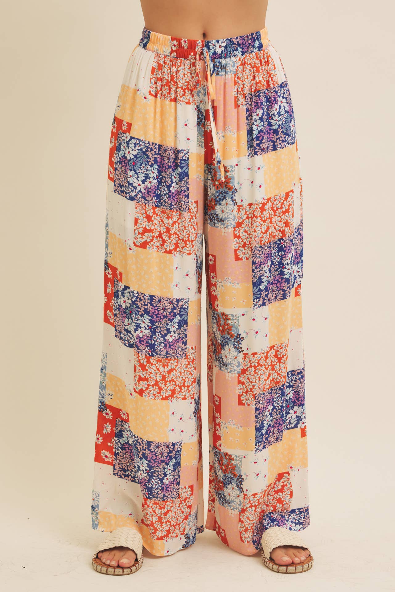 SOFT RAYON GAUZE FLORAL PATCHWORK WIDE LEG PANTS WITH POCKET