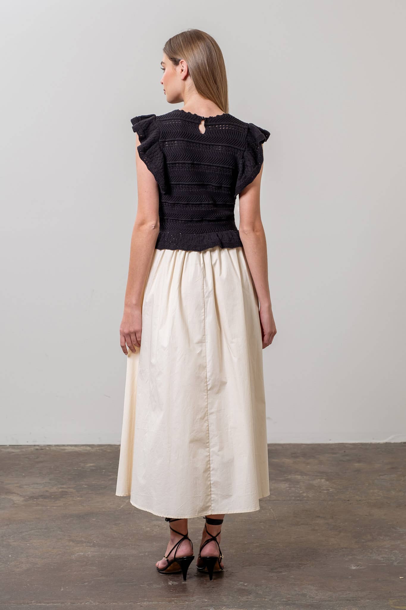 MIX MEDIA RUFFLE DETAIL SHORT SLEEVE MIDI DRESS