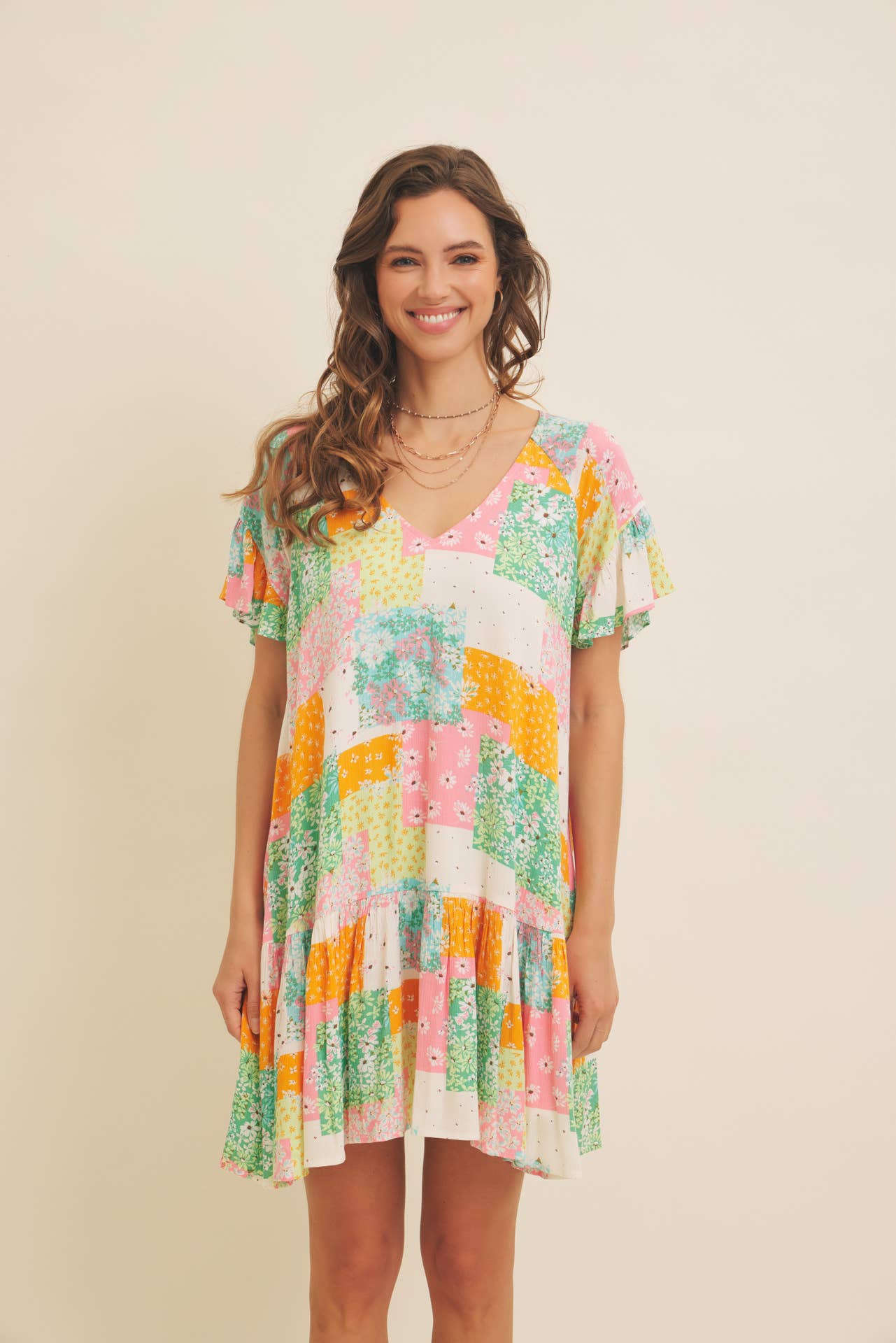 FLORAL RAYON GAUZE FLOWY MINI DRESS WITH RUFFLED HEM