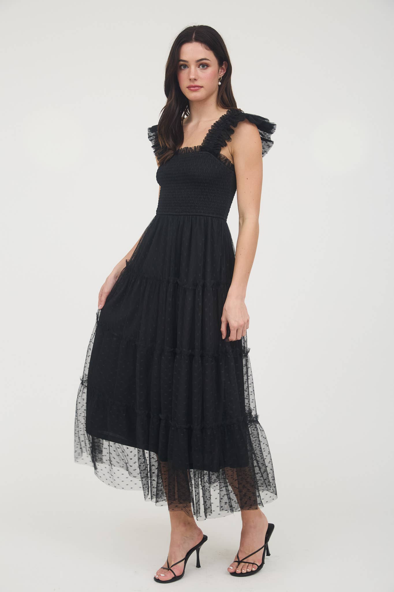POLKA DOT CHIFFON SMOCKED TIERED MIDI DRESS