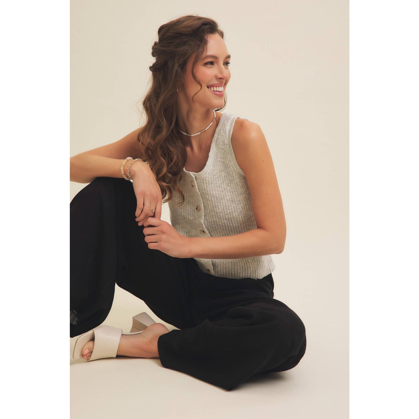 RIB SWEATER KNIT TANK TOP WITH BUTTON-DOWN FRONT