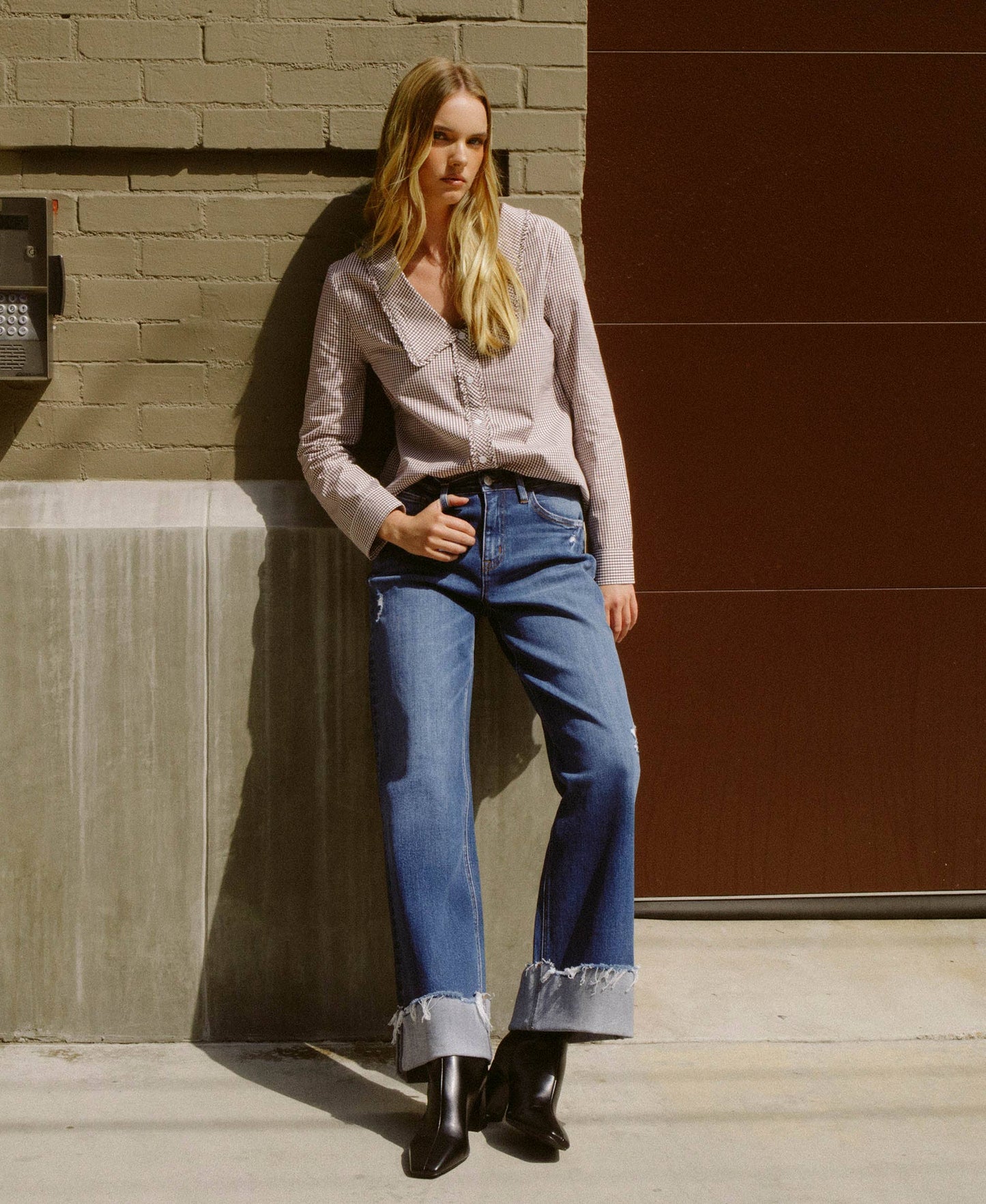 HIGH RISE CUFFED BAGGY WIDE JEANS