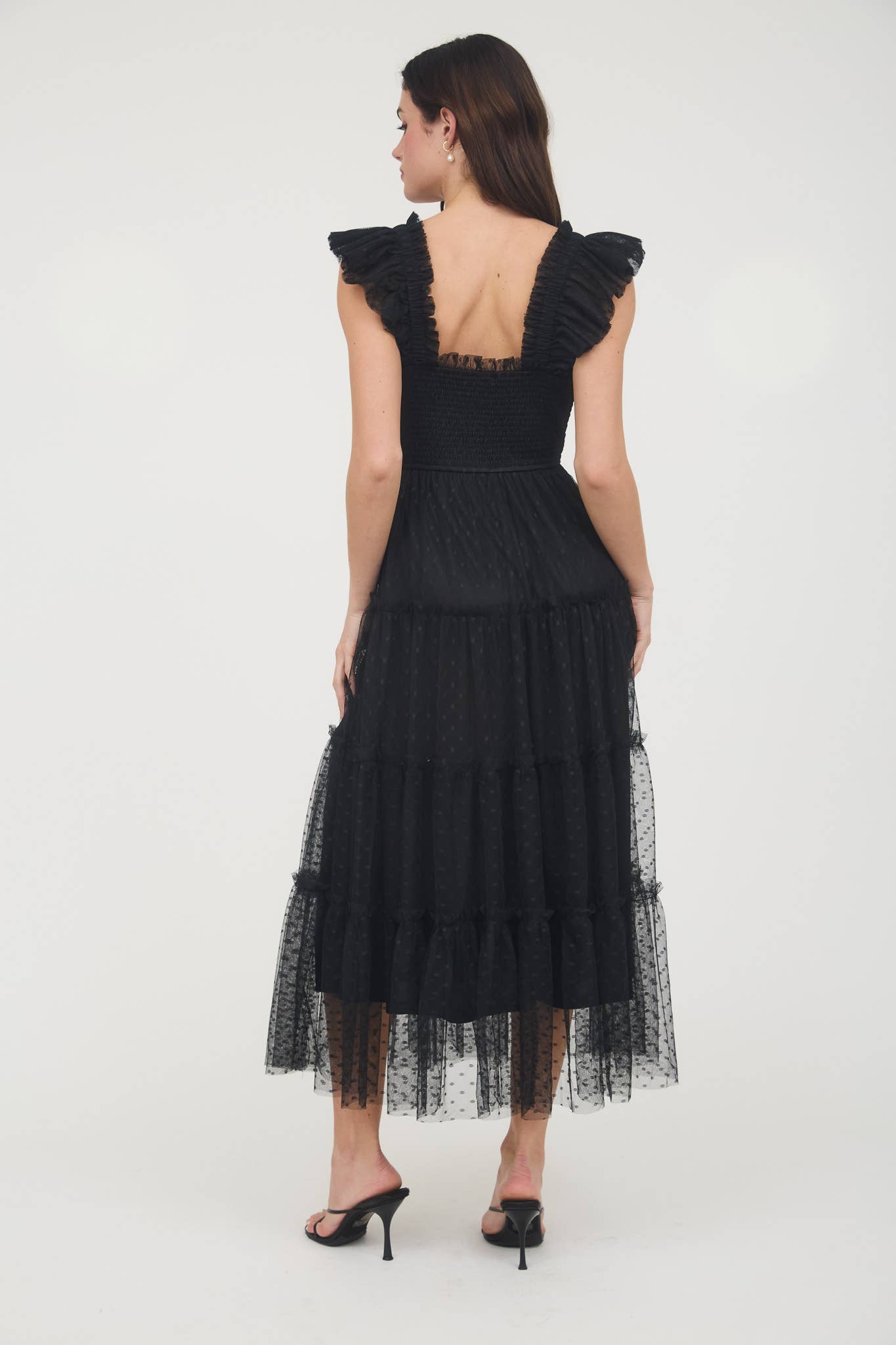 POLKA DOT CHIFFON SMOCKED TIERED MIDI DRESS