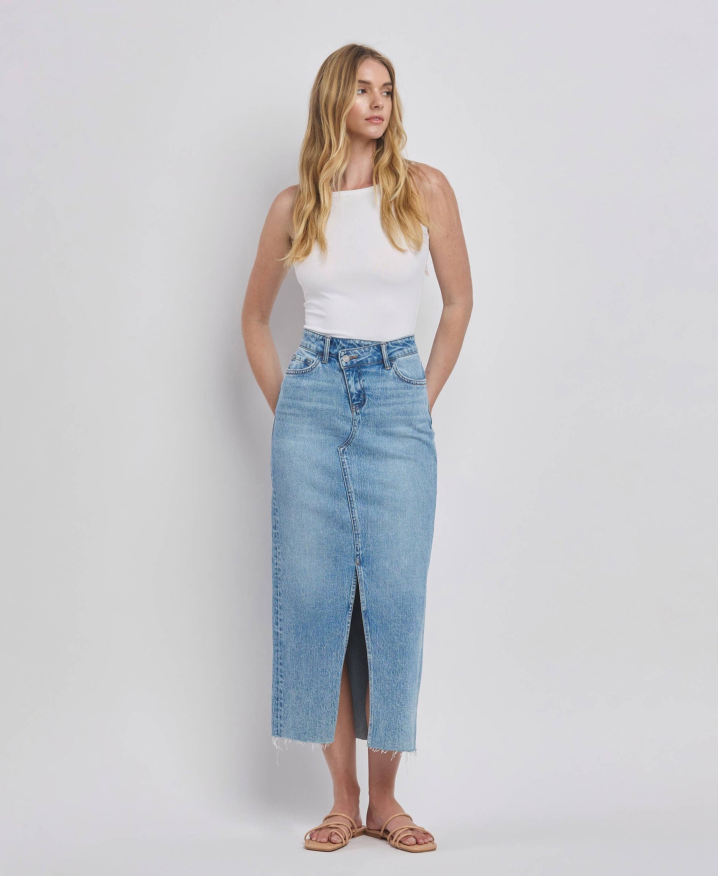 CRISS CROSS FRONT SLIT MAXI DENIM SKIRT
