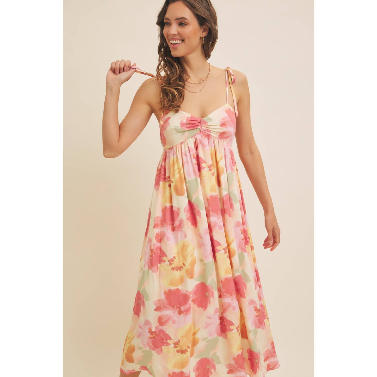 FLORAL PRINT RUCHED MIDI DRESS WITH SHOULDER TIE