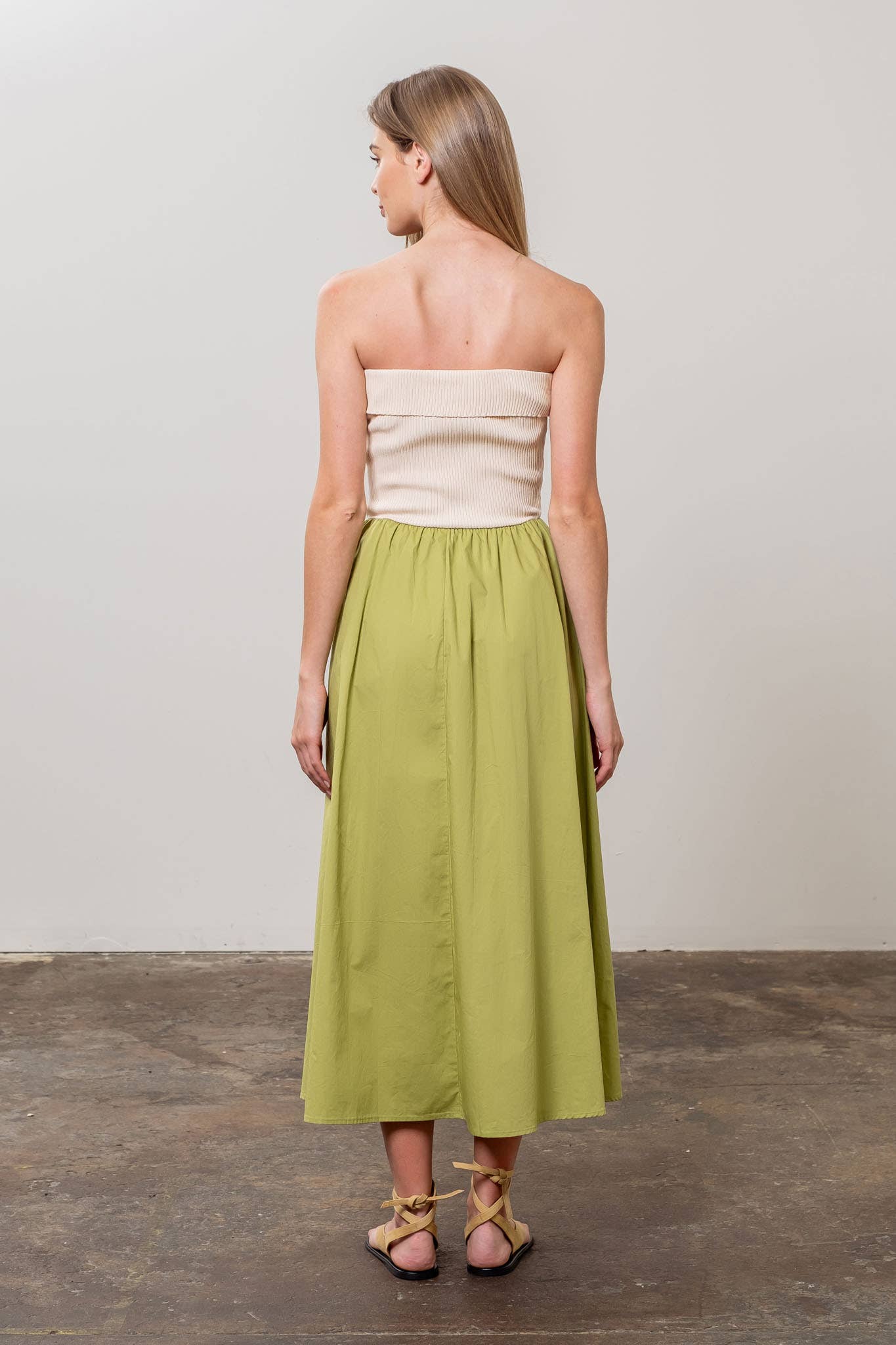 FOLD OVER STRAPLESS MIX MEDIA MIDI DRESS