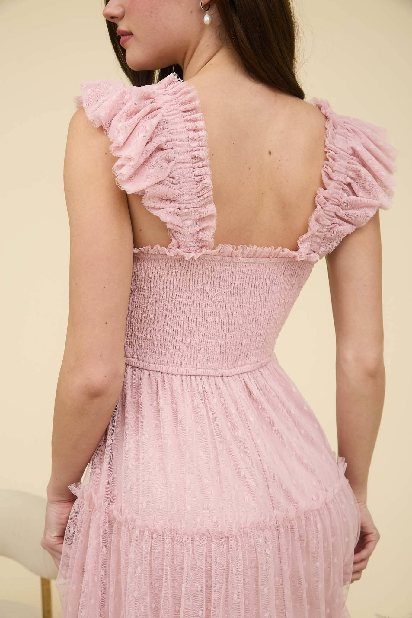 POLKA DOT CHIFFON SMOCKED TIERED MIDI DRESS