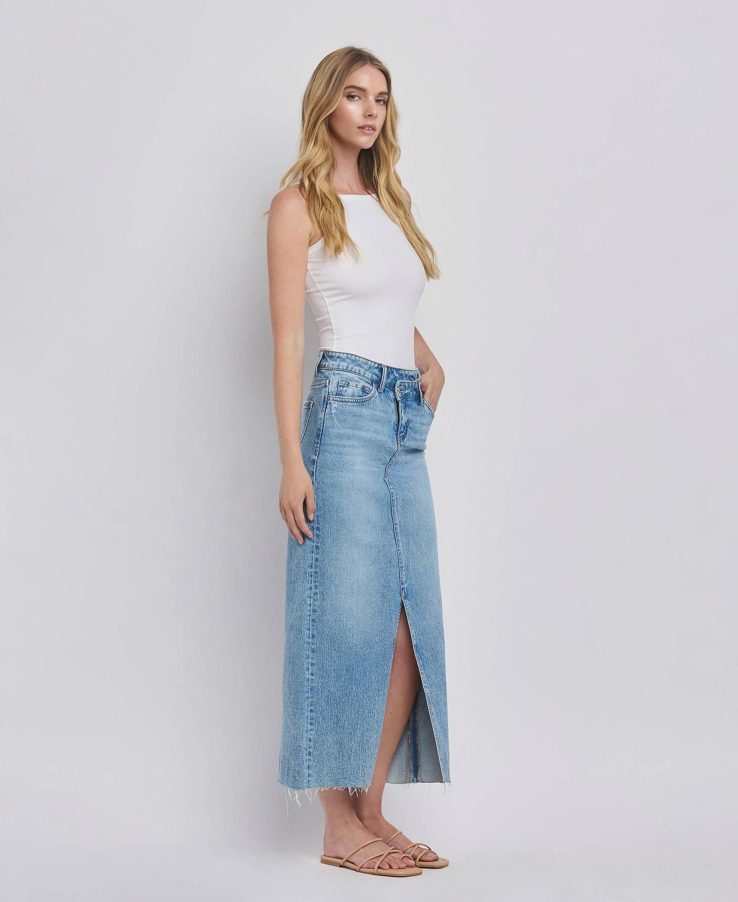 CRISS CROSS FRONT SLIT MAXI DENIM SKIRT