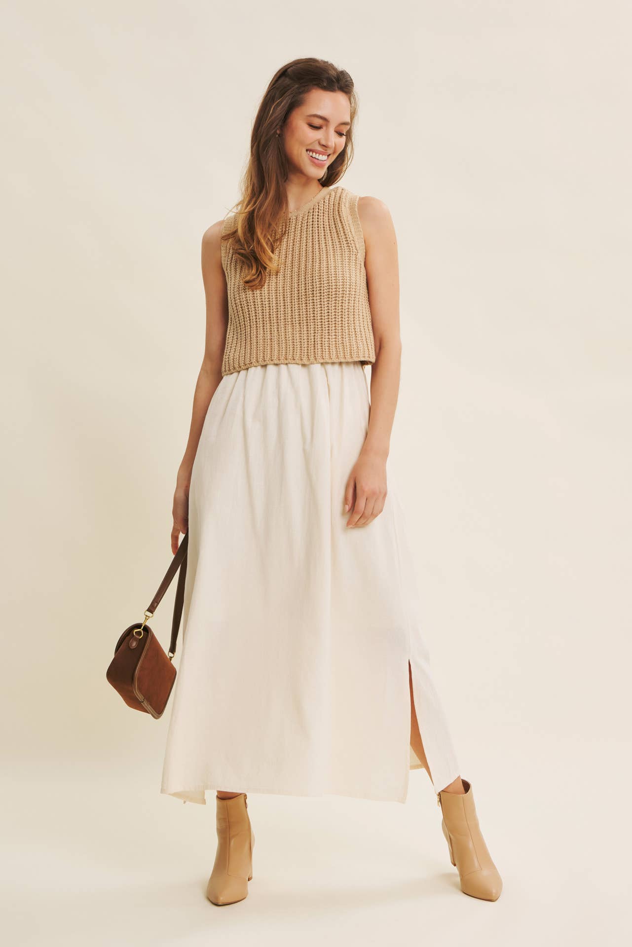 CHUNKY SWEATER TWOFER MIDI DRESS WITH POCKETS AND LINING